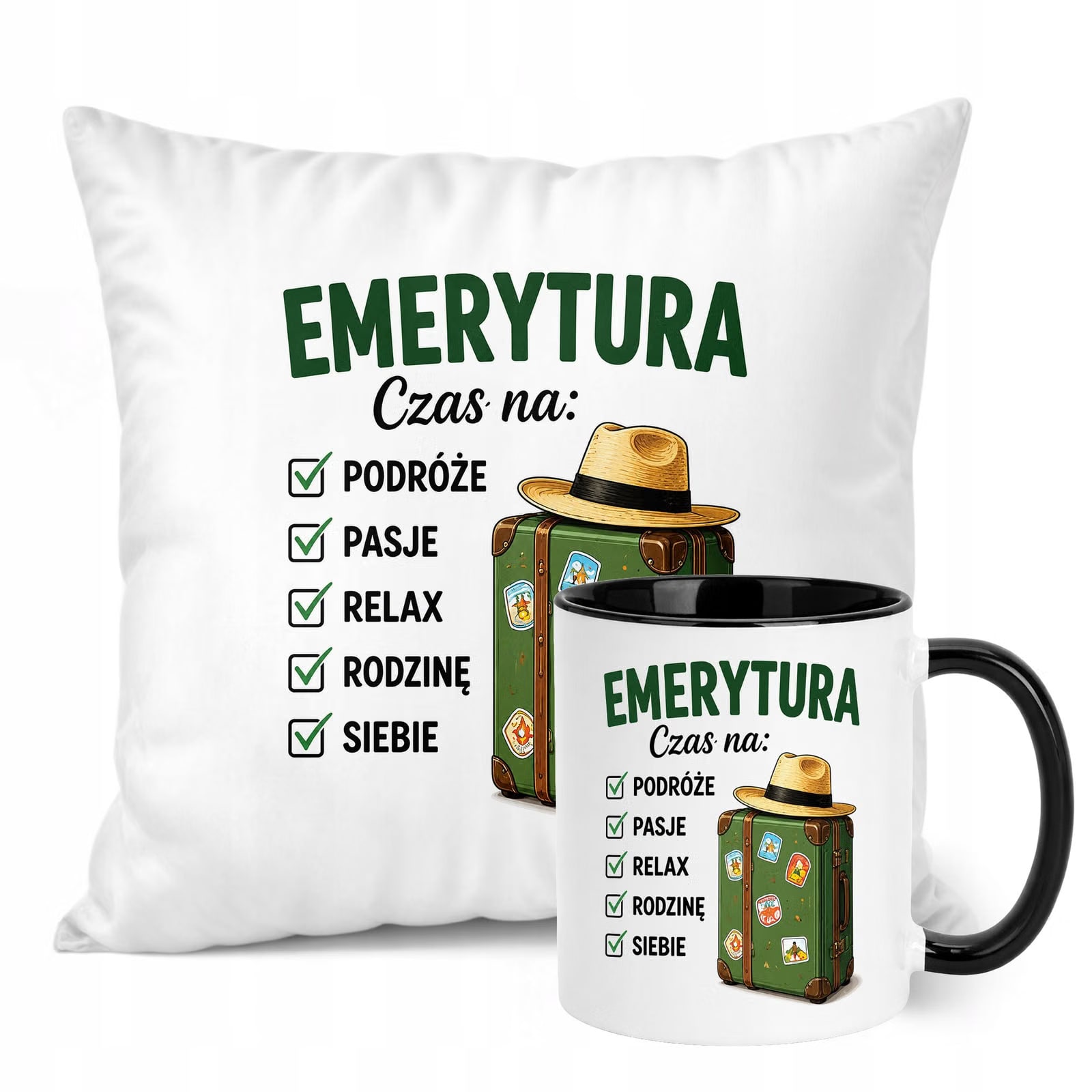 Zestaw Kubek Czarny Poduszka Z Nadrukiem Emerytura Prezent