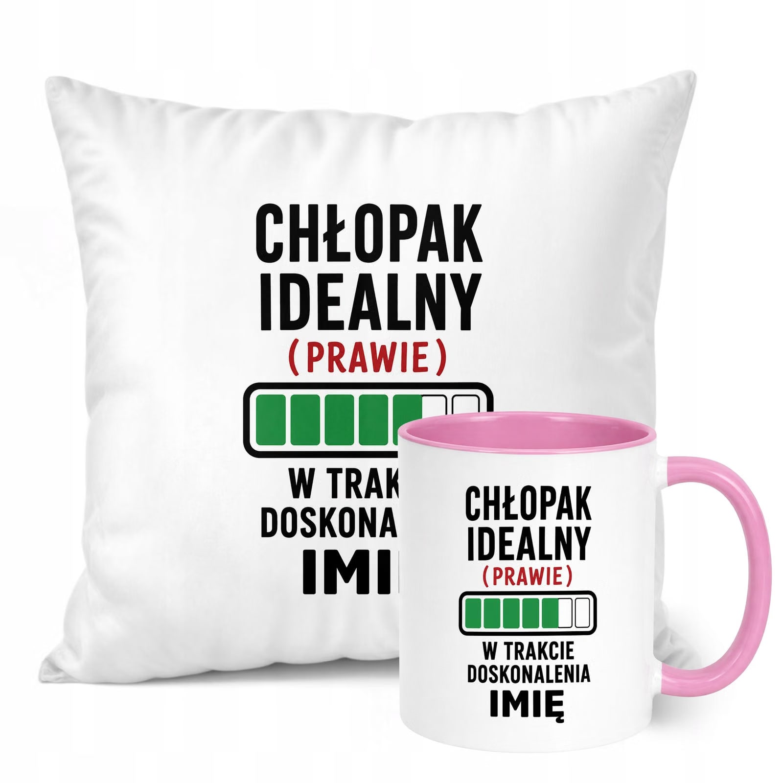 Zestaw Personalizowany Kubek Różowy Poduszka Dzień Chłopaka Z Nadrukiem