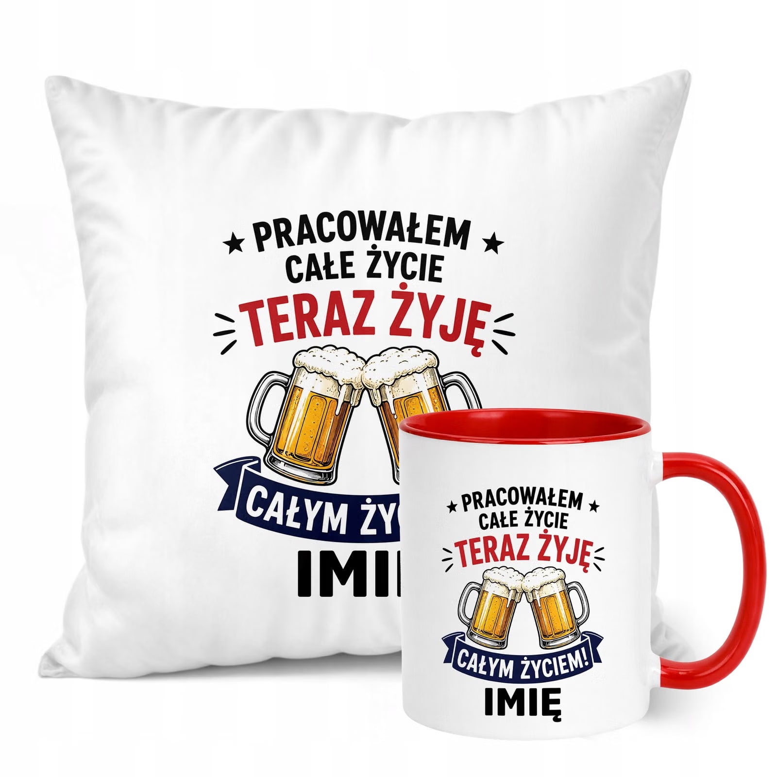 Zestaw Personalizowany Kubek Czerwony Poduszka Emerytura Upominek Prezent