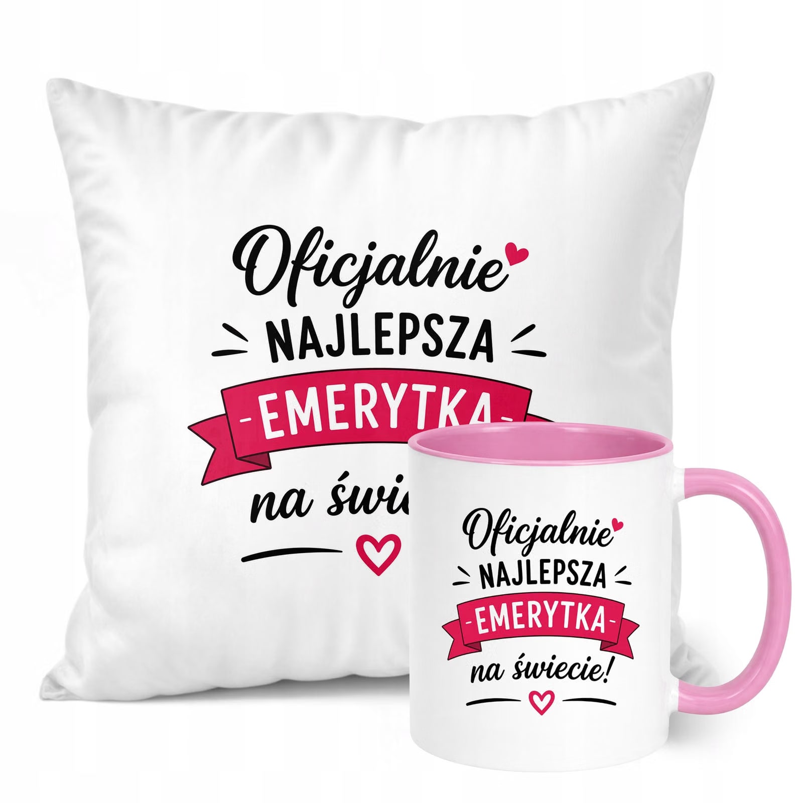 Zestaw Kubek Różowy Poduszka Z Nadrukiem Emerytura Dla Emerytki Prezent
