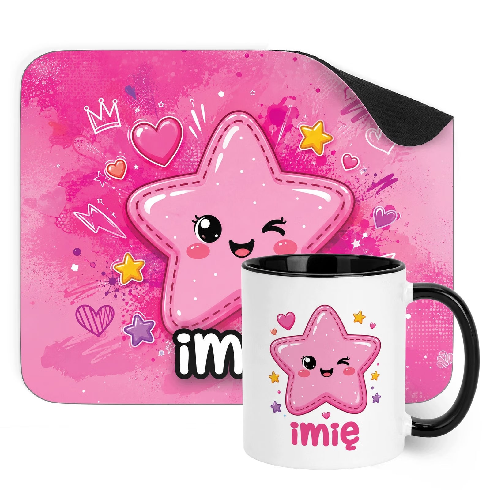Zestaw personalizowany Kubek Czarny Podkładka pod mysz Kawaii Gwiazdka
