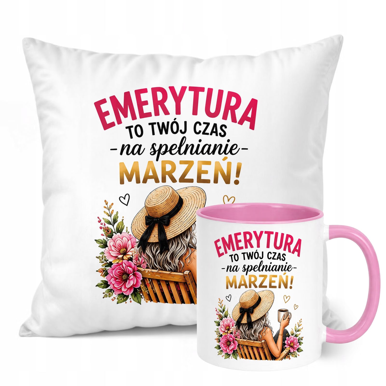 Zestaw Kubek Różowy Poduszka Z Nadrukiem Emerytura Dla Emerytki Prezent