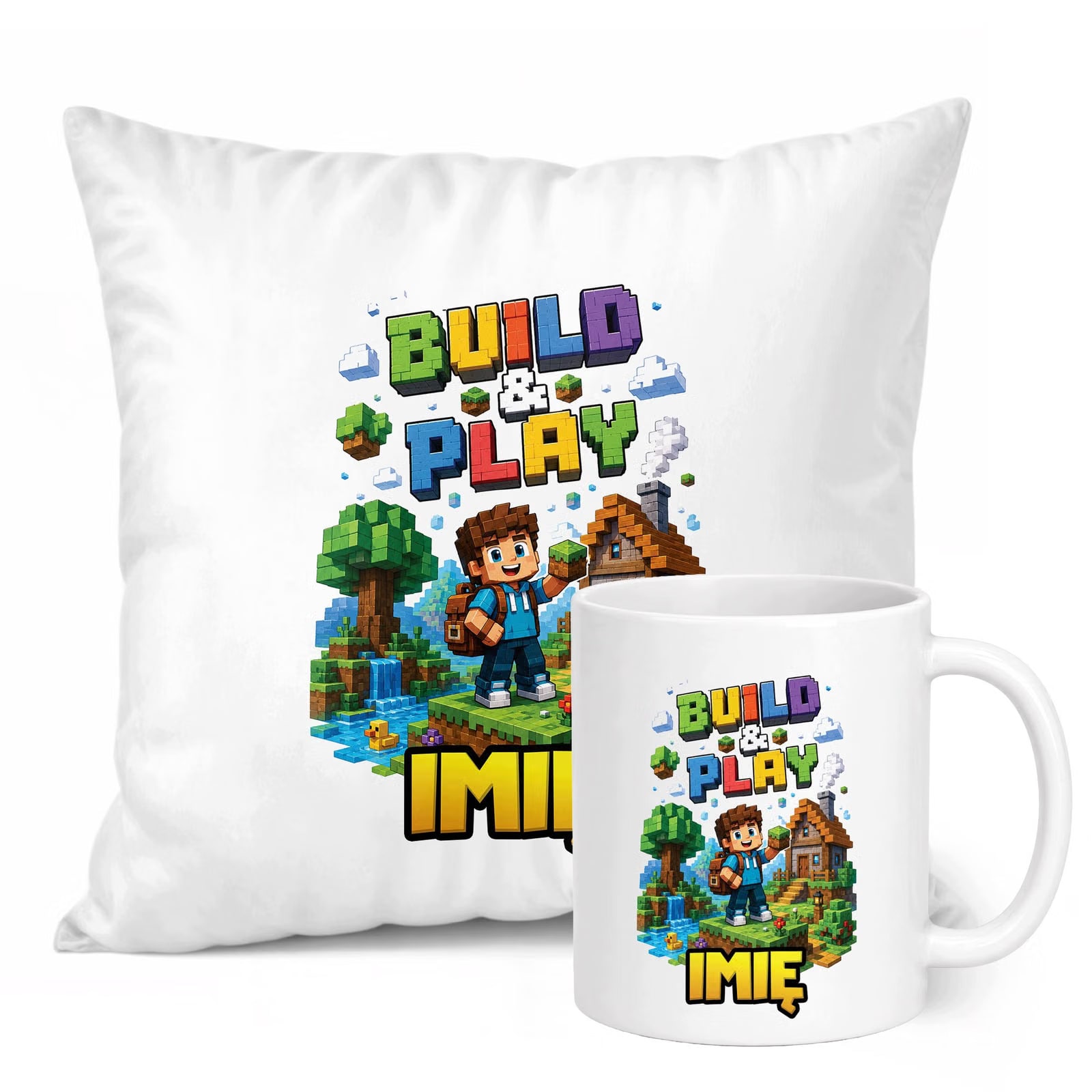 Zestaw Personalizowany Kubek Biały Poduszka gra Build&Play Prezent