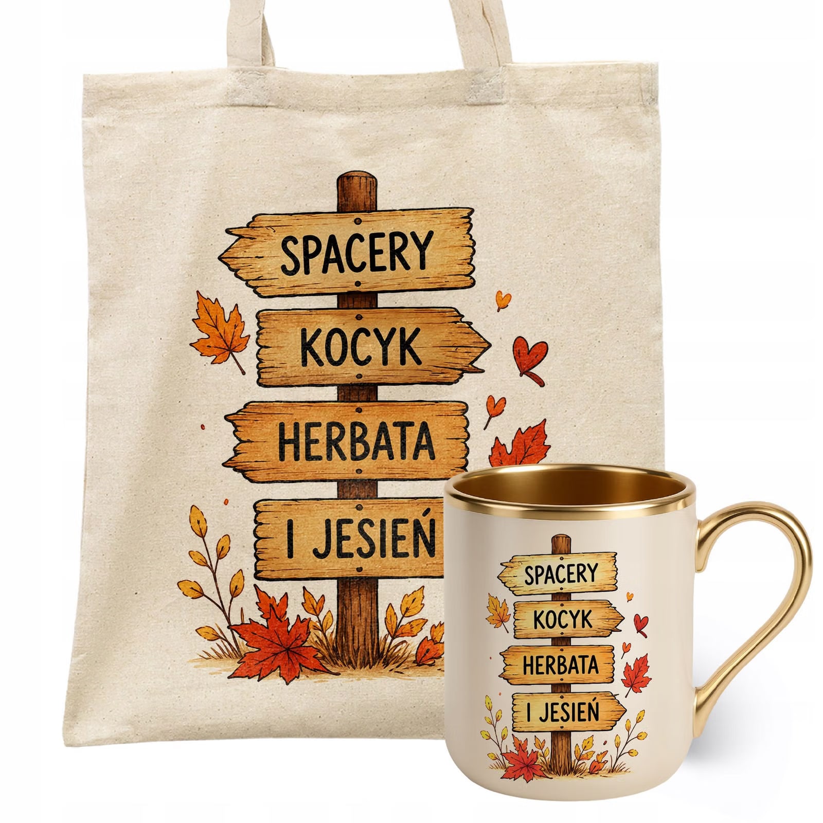 Zestaw Kubek Premium Złoty Ecru Torba Shopper Ecru Z Nadrukiem Jesień