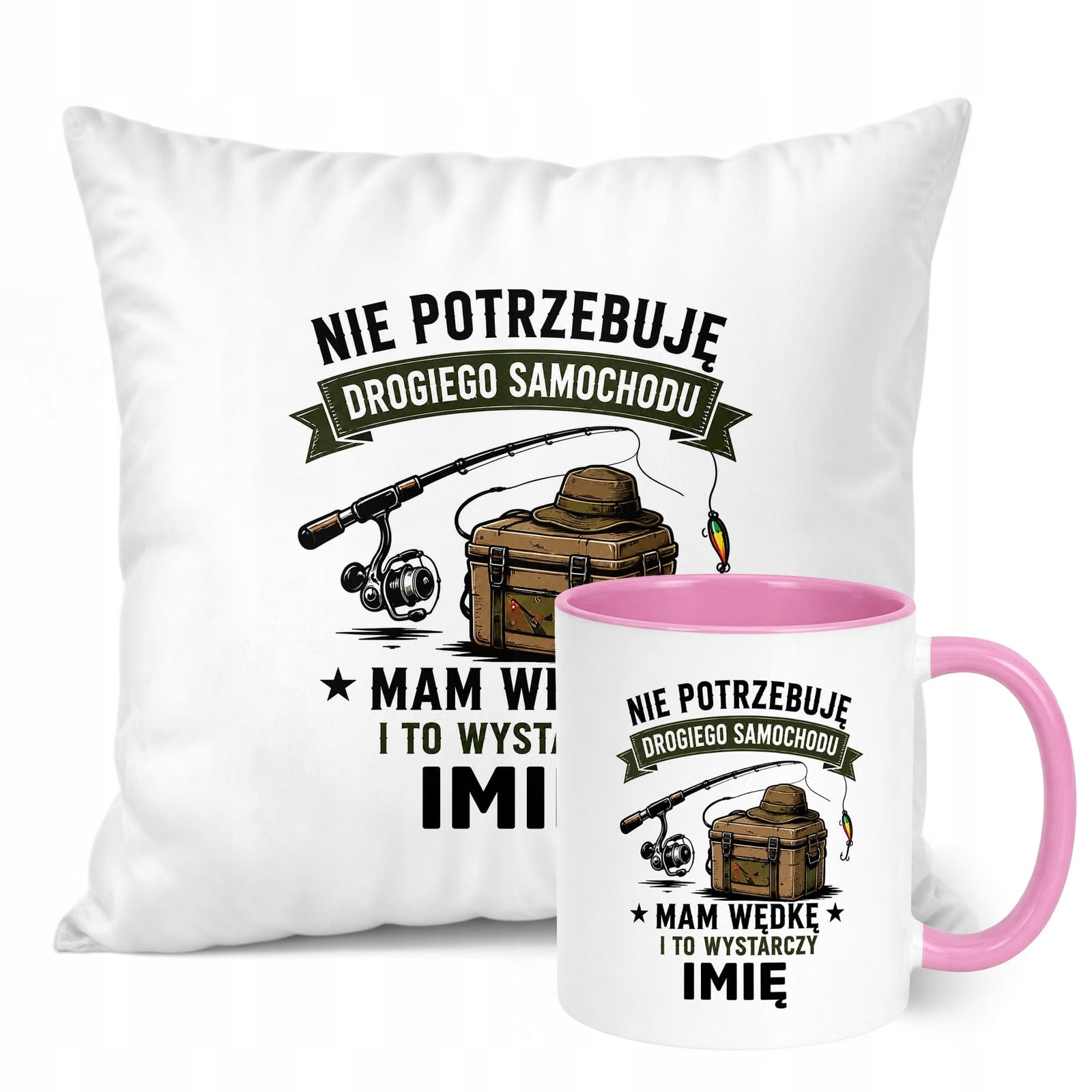 Zestaw Personalizowany Kubek Różowy Poduszka Z Nadrukiem Dla Wędkarza
