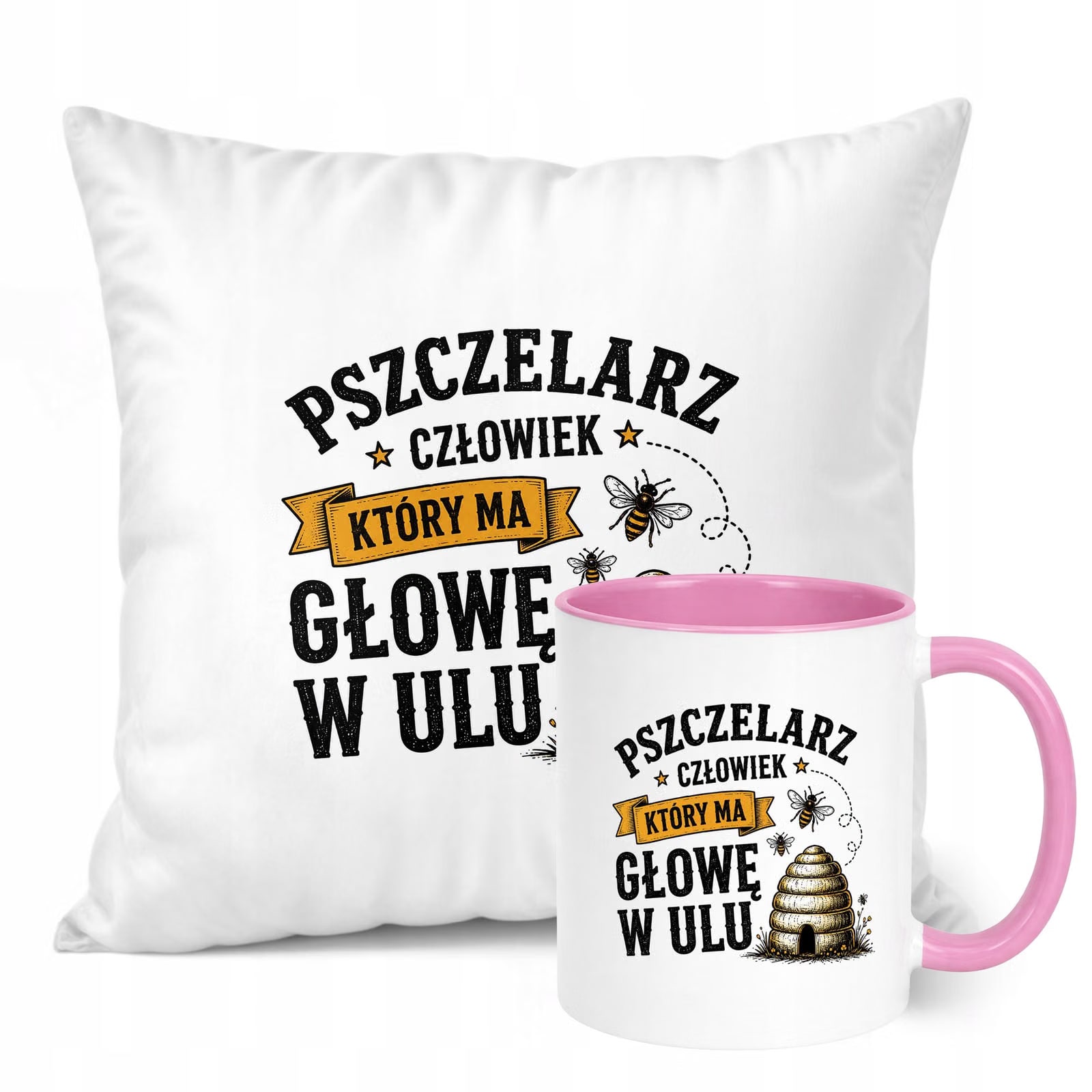Zestaw Kubek Różowy Poduszka Z Nadrukiem Dla Pszczelarza Prezent