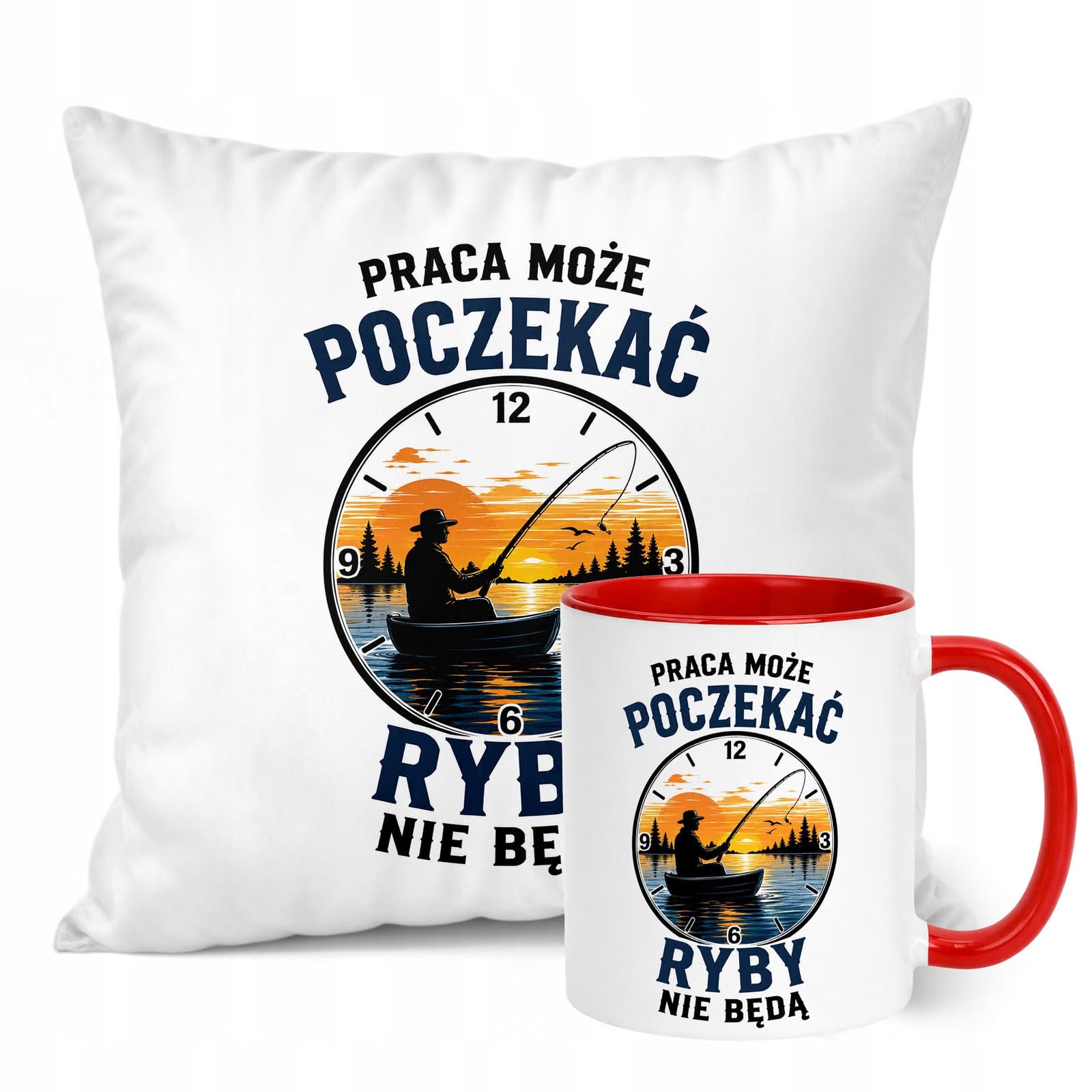 Zestaw Kubek Czerwony Poduszka Z Nadrukiem Dla Wędkarza Prezent