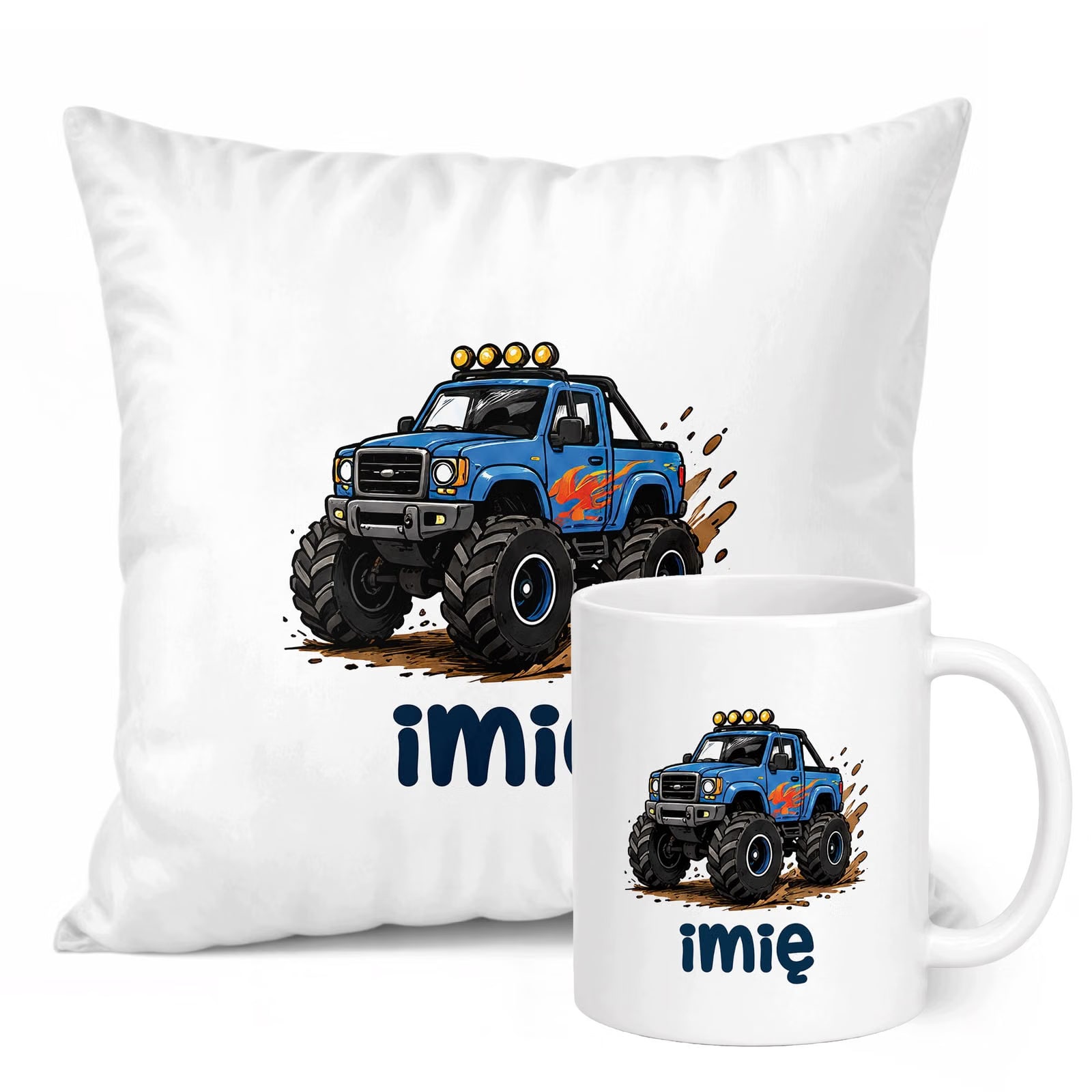 Zestaw Personalizowany Kubek Biały Poduszka Monster Truck Prezent