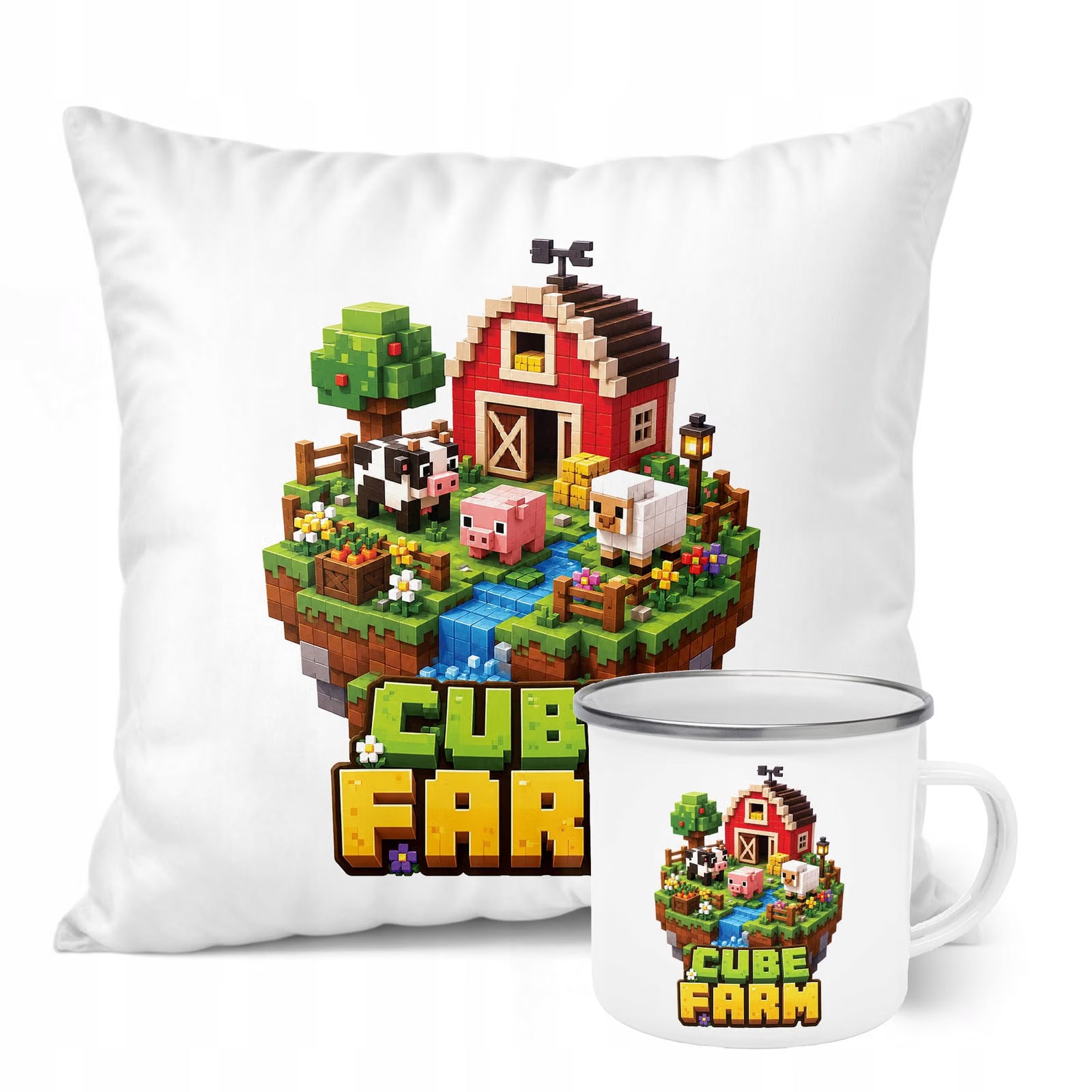 Zestaw Kubek Emaliowany Poduszka Z Nadrukiem CUBE FARM Prezent