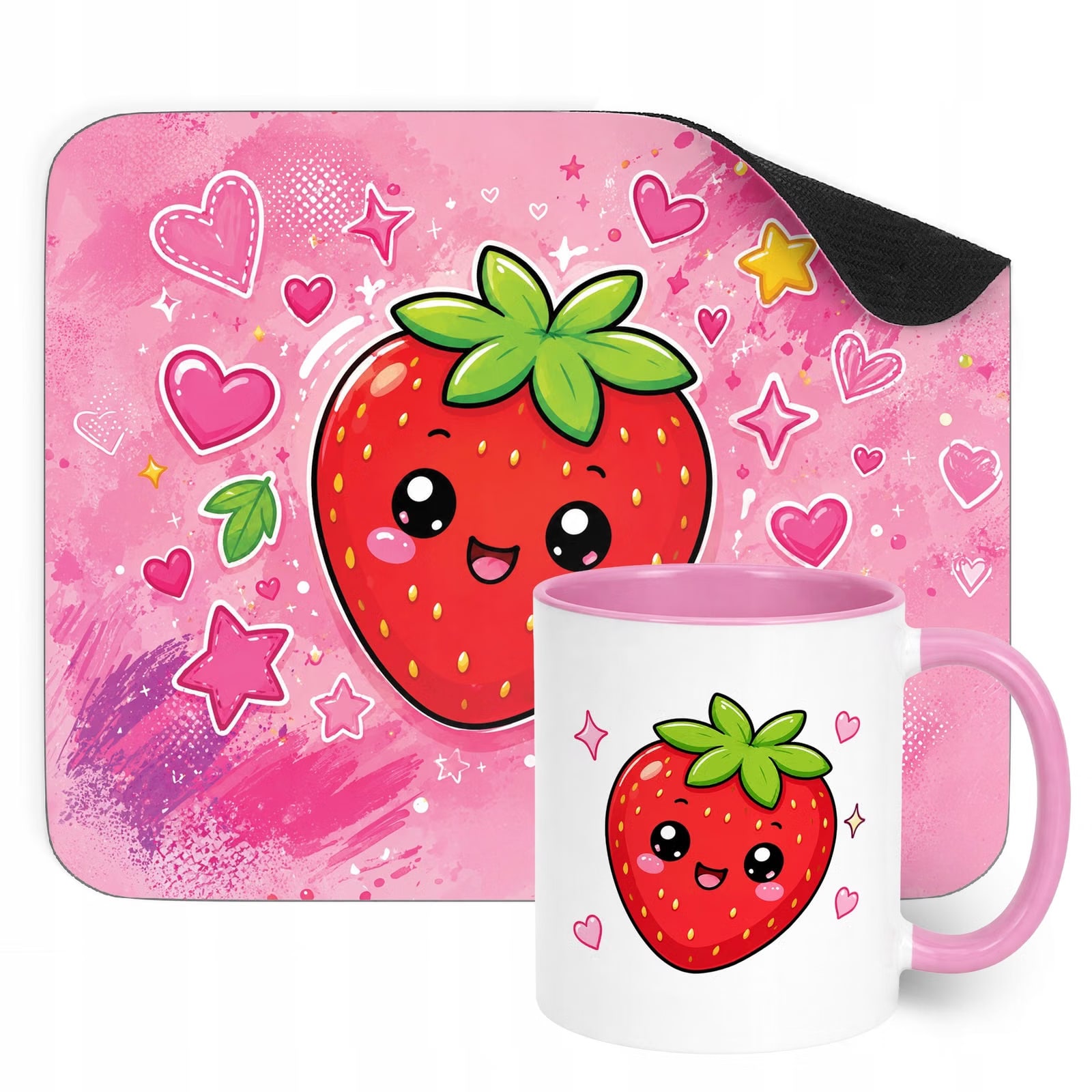 Zestaw Kubek Różowy Podkładka pod mysz z nadrukiem Kawaii Truskawka