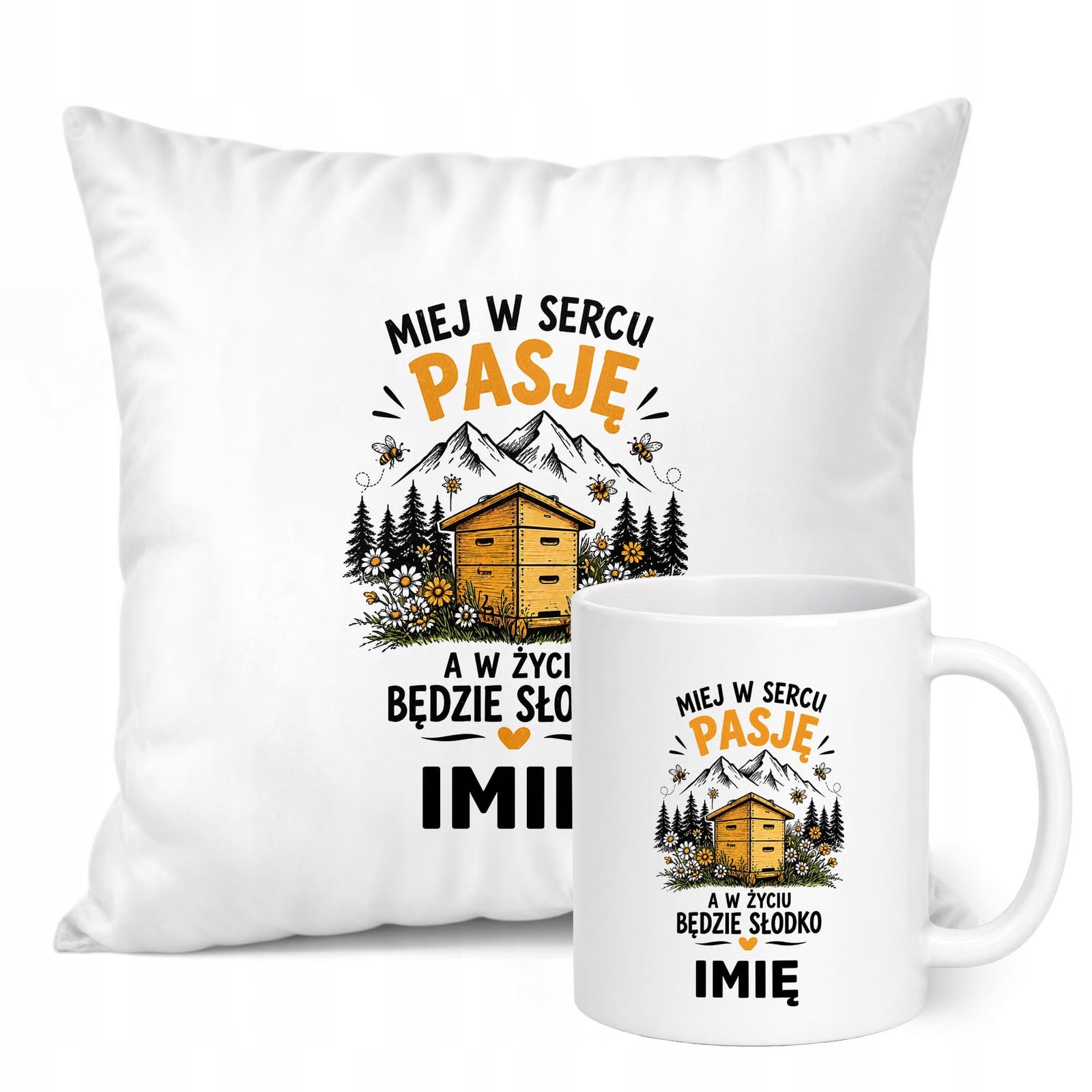 Zestaw Personalizowany Kubek Biały Poduszka Z Nadrukiem Dla Pszczelarza