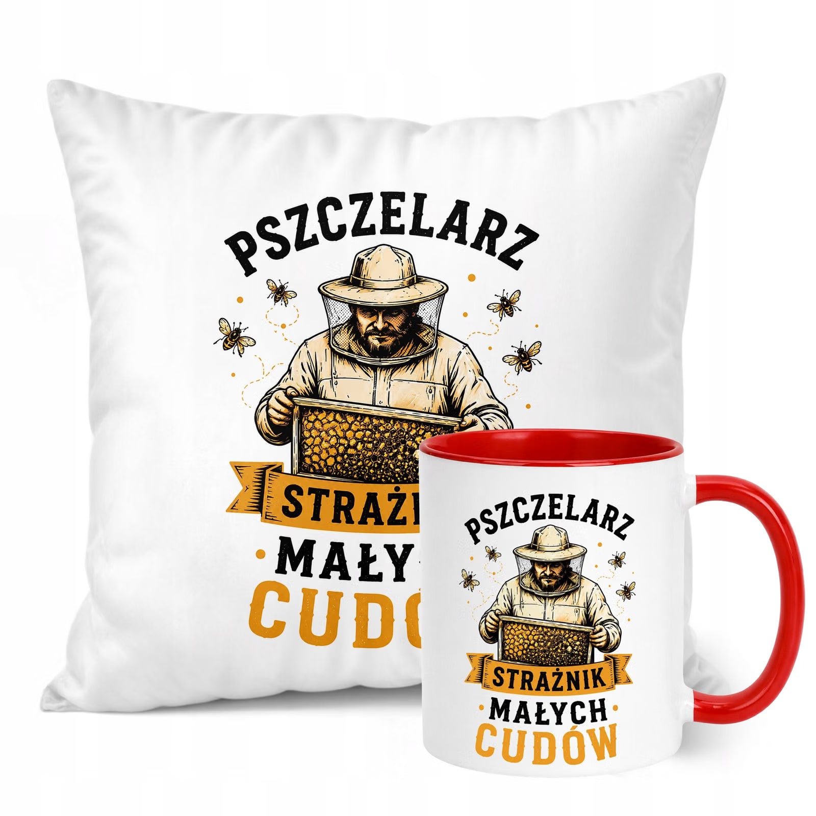 Zestaw Kubek Czerwony Poduszka Z Nadrukiem Dla Pszczelarza Prezent