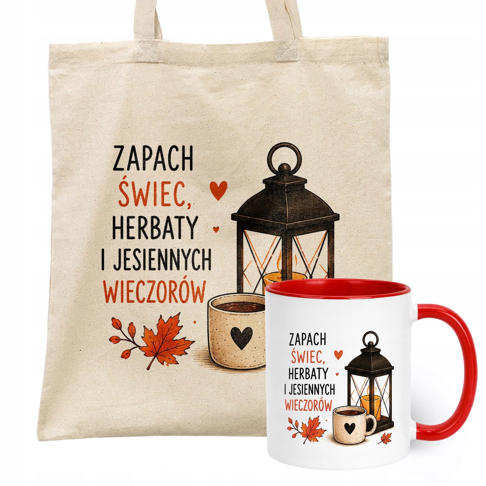 Zestaw Kubek Czerwony Torba Shopper Ecru Z Nadrukiem Jesień Jesienny