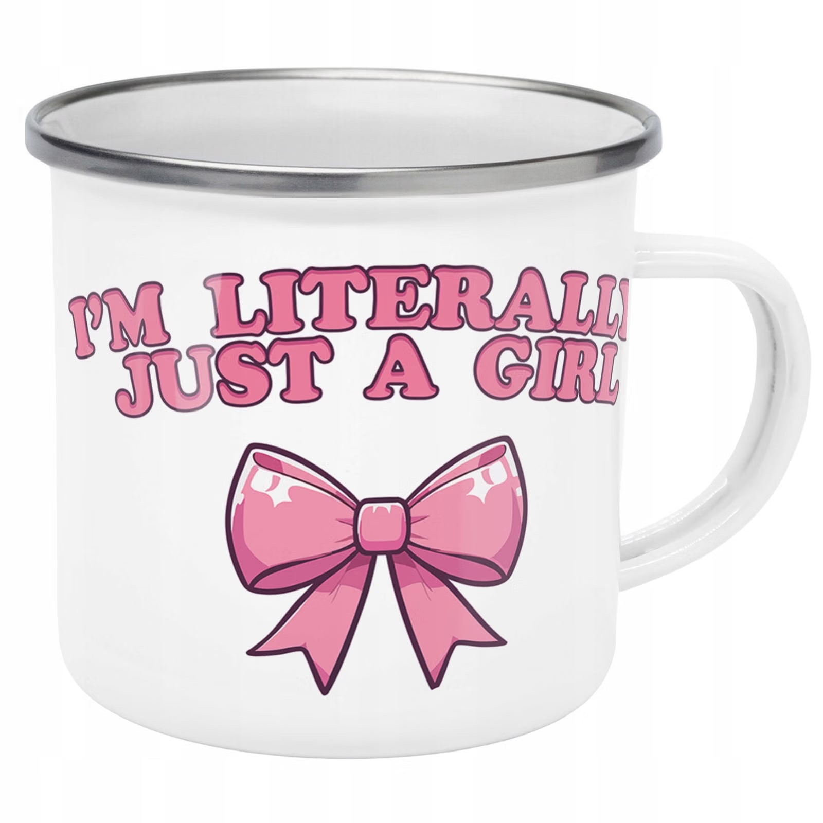 Kubek Emaliowany I'm Just A Girl Dla Dziewczyny z Nadrukiem Biały Metalowy