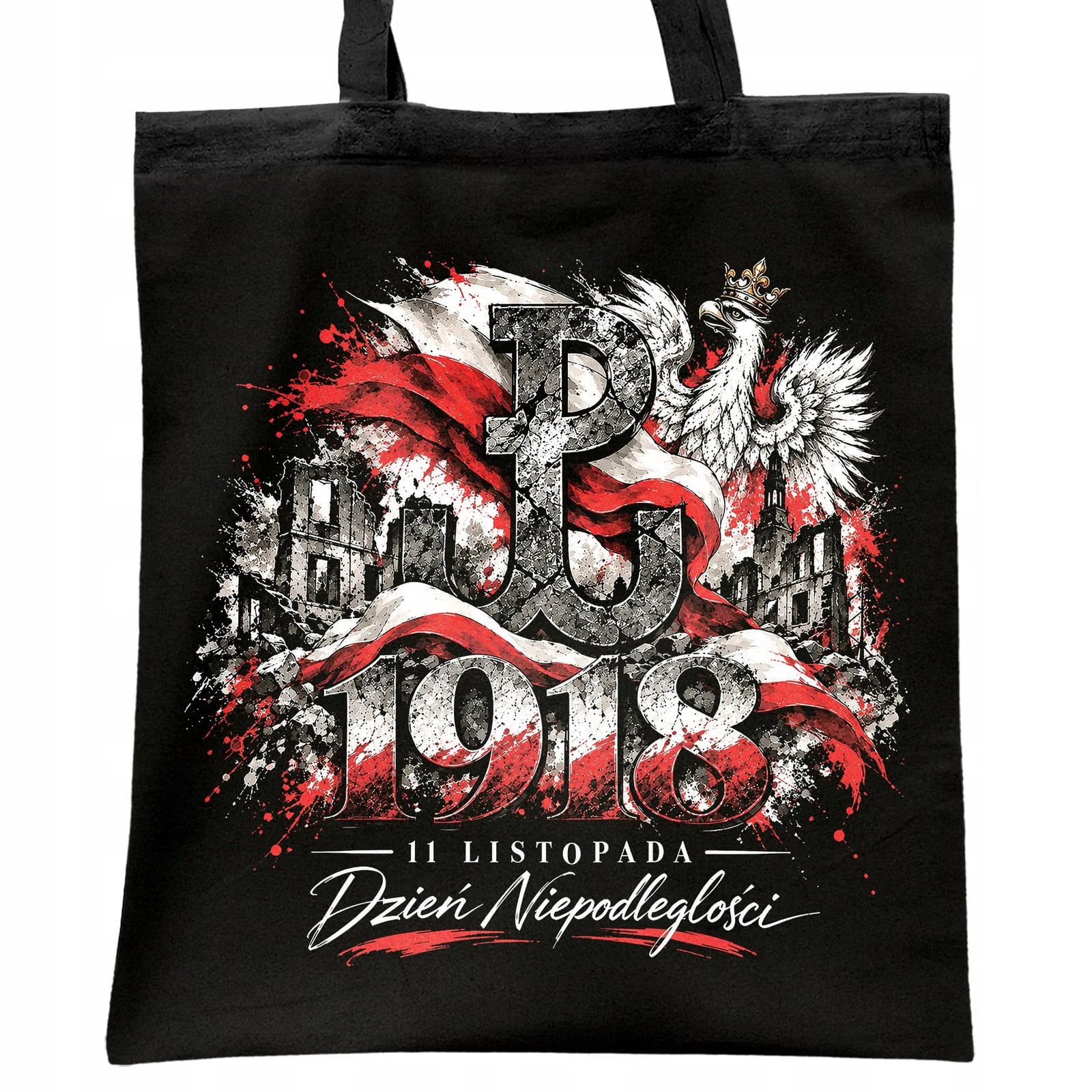 Torba shopper czarna patriotyczna święto niepodległości z nadrukiem