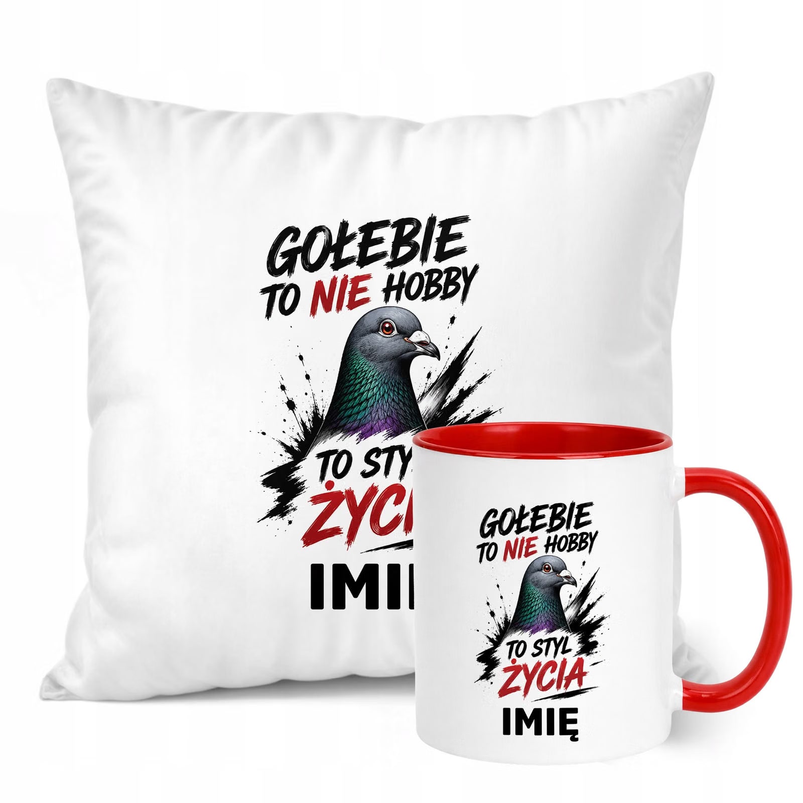 Zestaw Personalizowany Kubek Czerwony Poduszka Z Nadrukiem Dla Gołębiarza