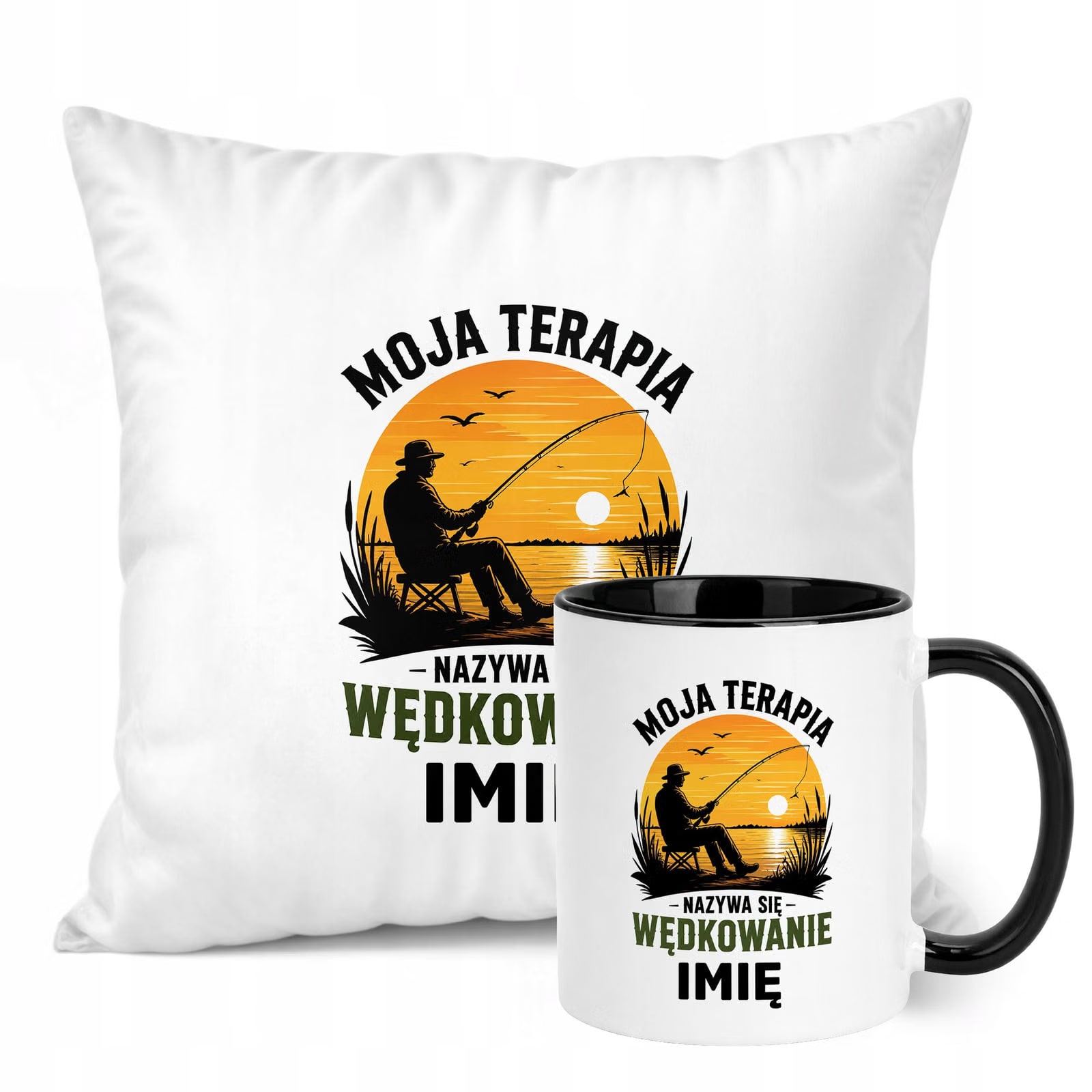 Zestaw Personalizowany Kubek Czarny Poduszka Z Nadrukiem Dla Wędkarza
