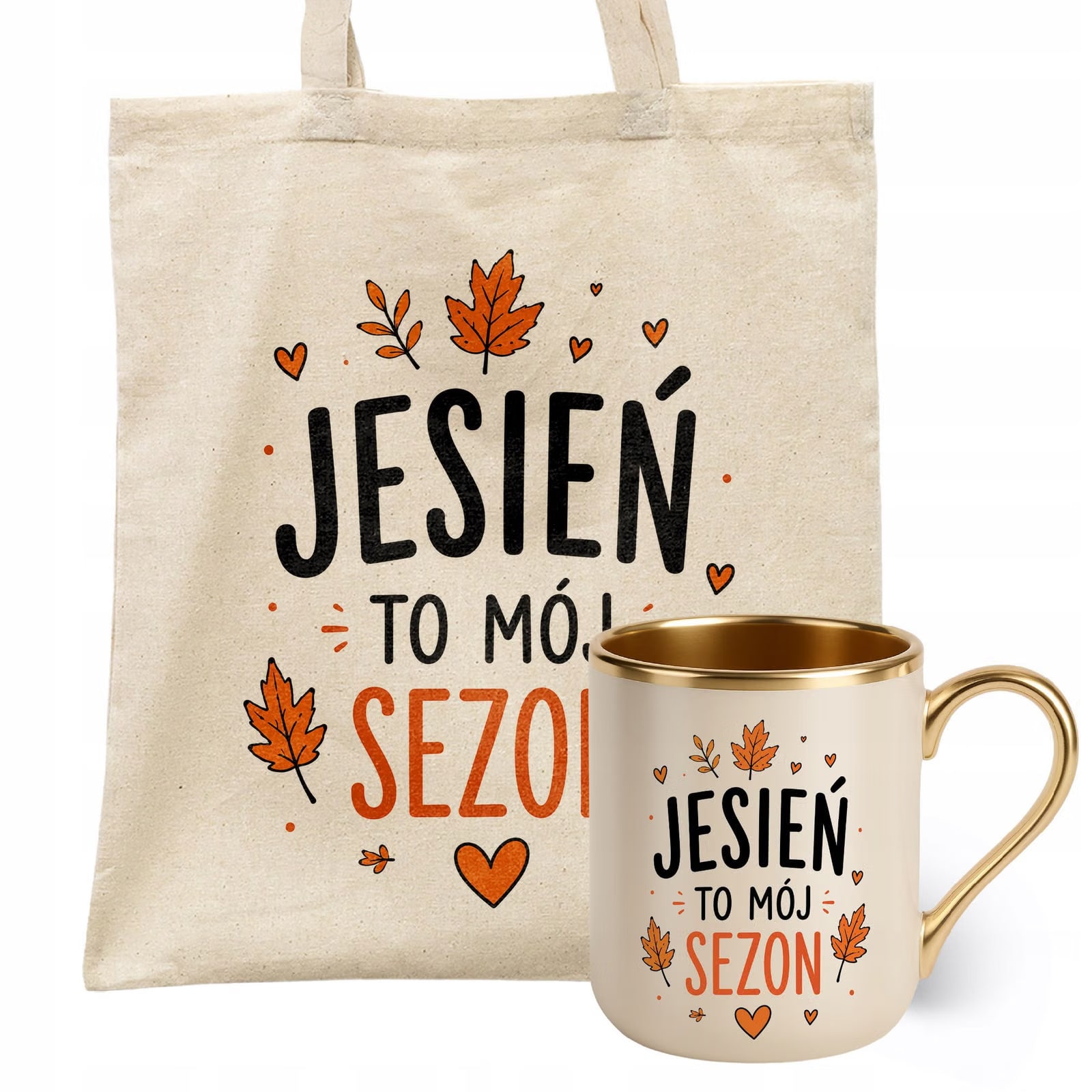 Zestaw Kubek Premium Złoty Ecru Torba Shopper Ecru Z Nadrukiem Jesień