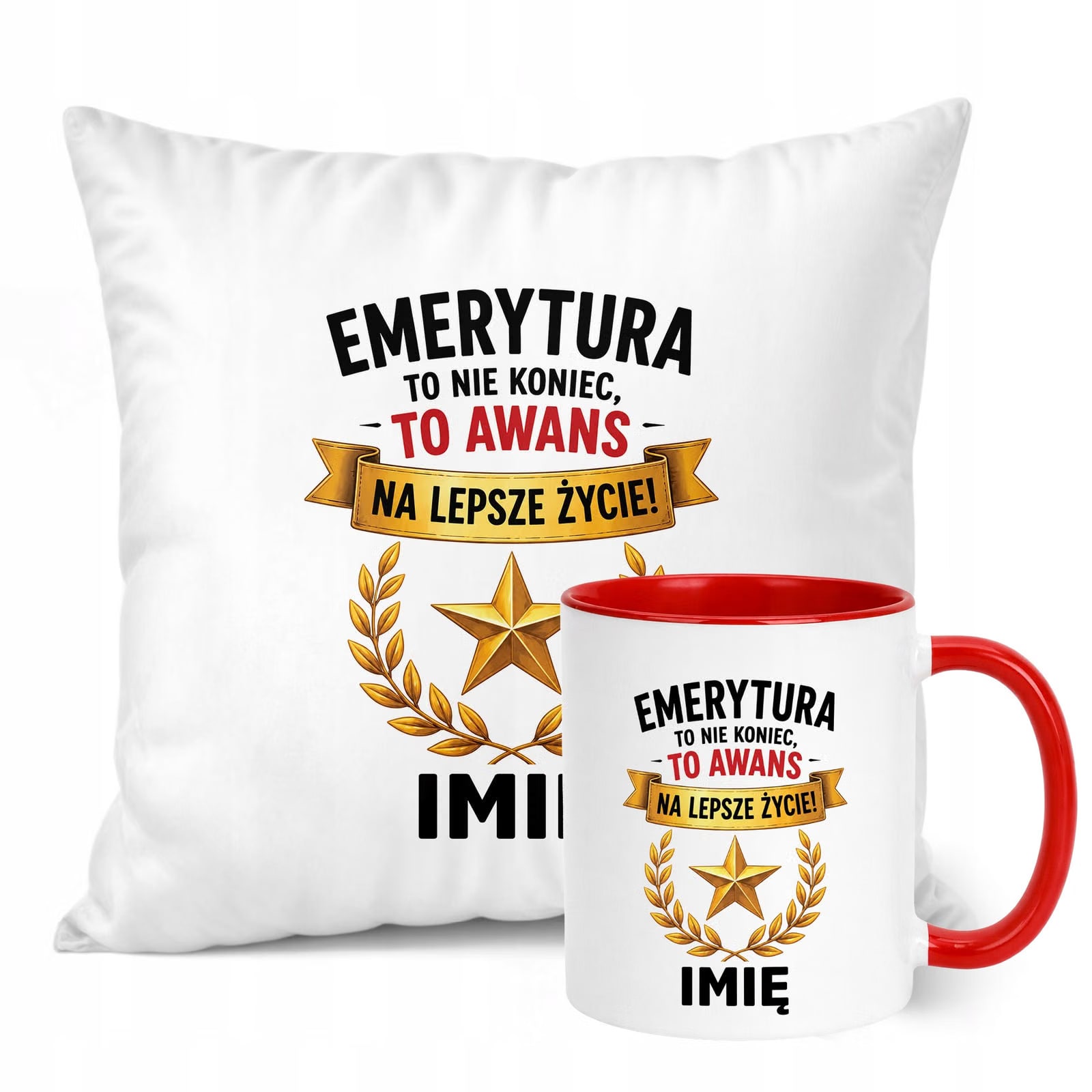 Zestaw Personalizowany Kubek Czerwony Poduszka Emerytura Upominek Prezent