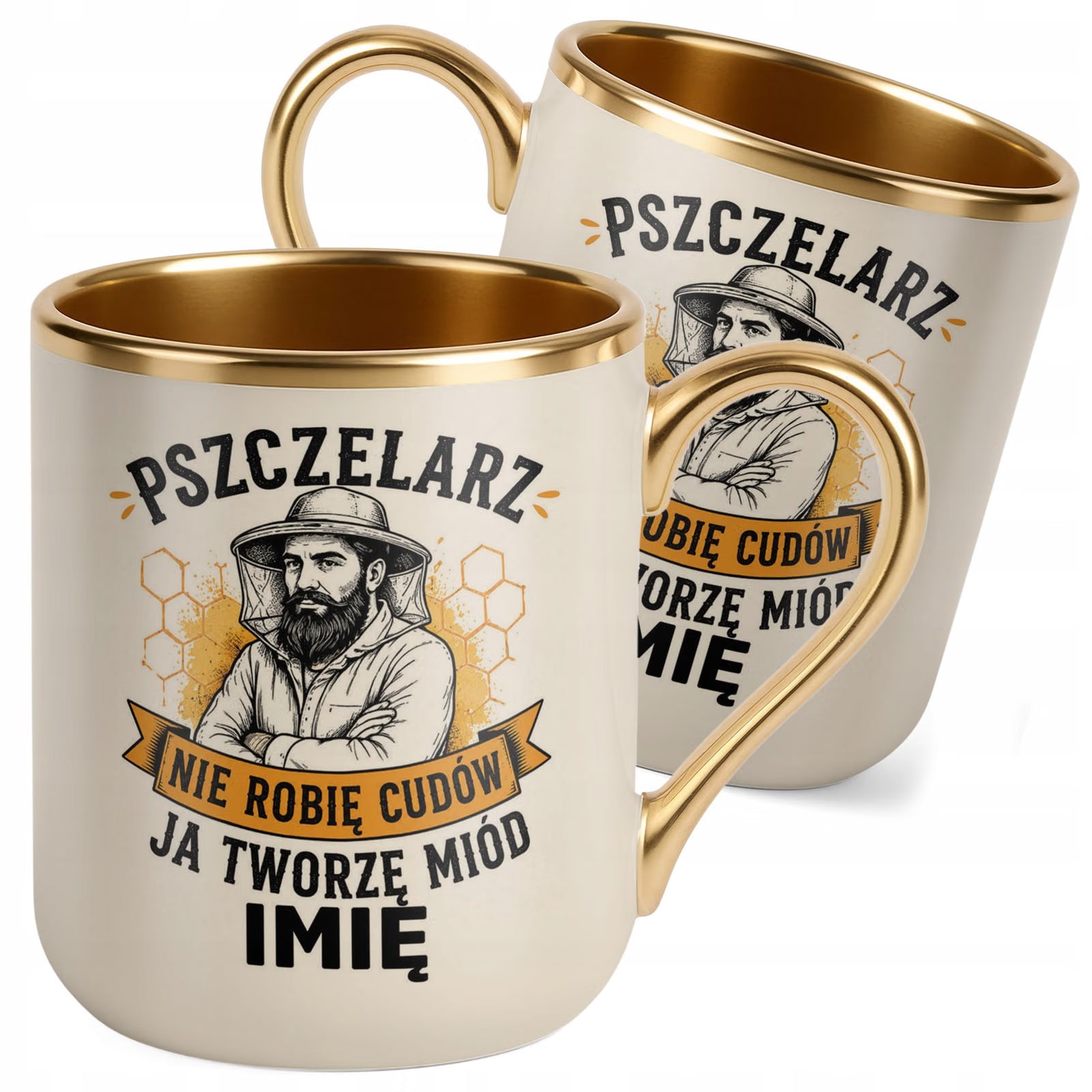 Kubek Personalizowany z nadrukiem Premium Złoty Ecru Dla Pszczelarza