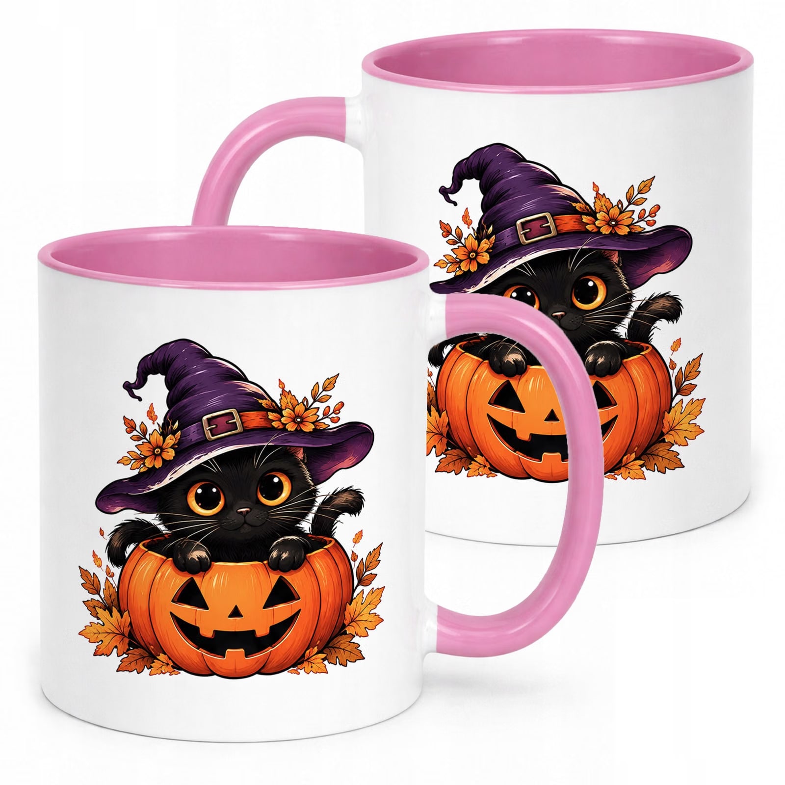 Kubek Różowy z Nadrukiem Halloween Jesień Kot Dynia Prezent Upominek