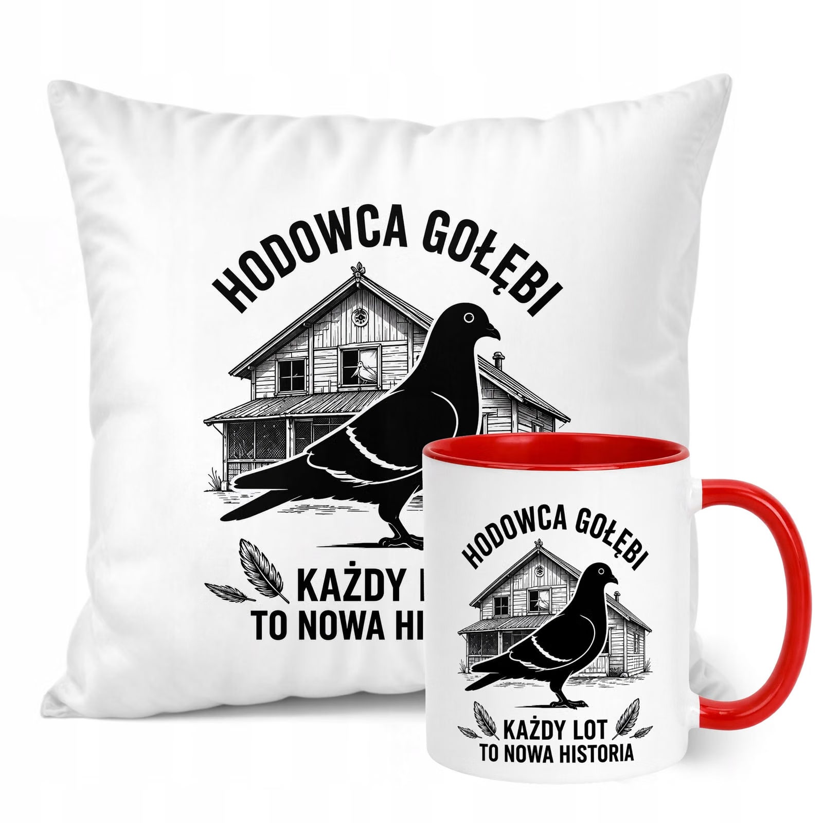 Zestaw Kubek Czerwony Poduszka Z Nadrukiem Dla Gołębiarza Prezent
