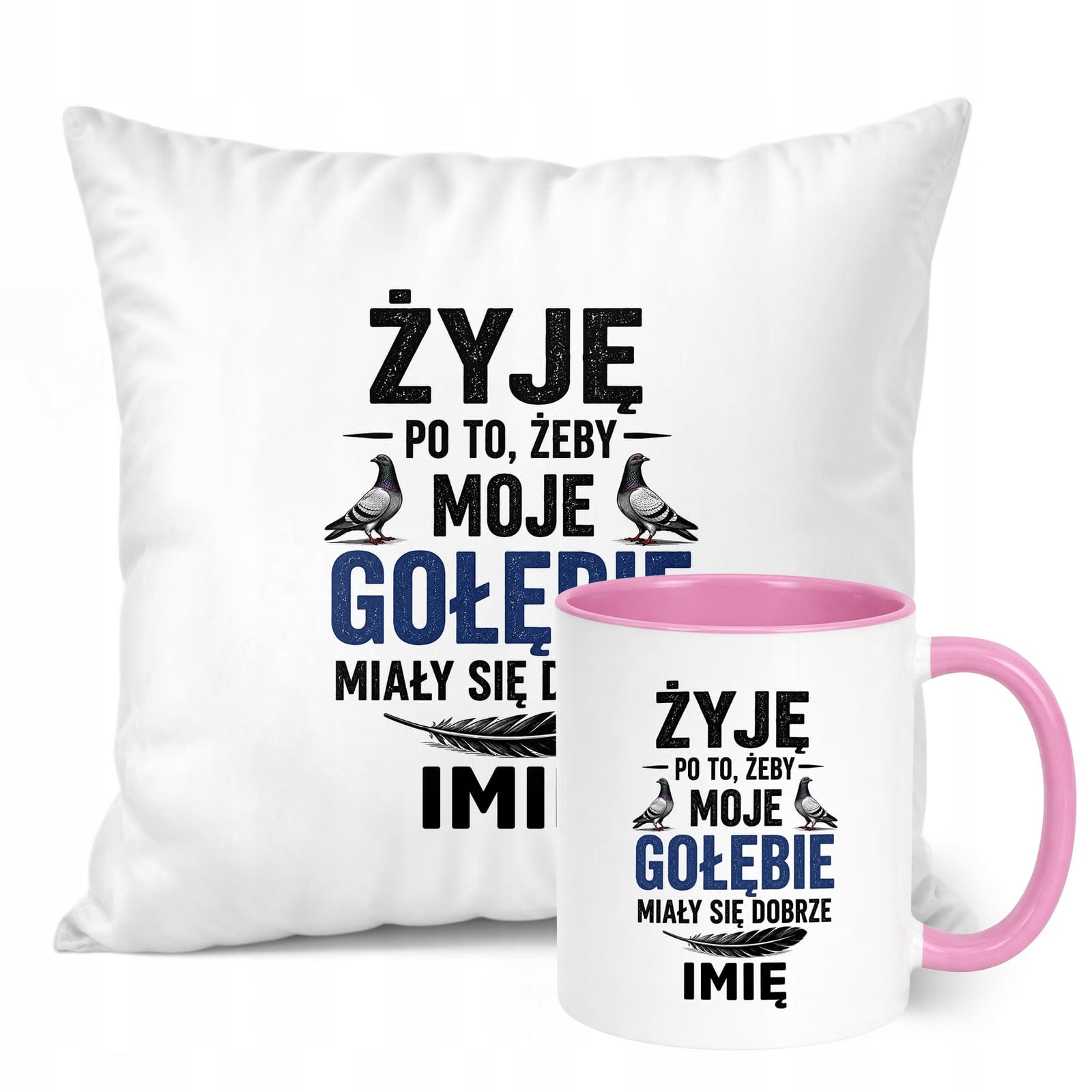 Zestaw Personalizowany Kubek Różowy Poduszka Z Nadrukiem Dla Gołębiarza