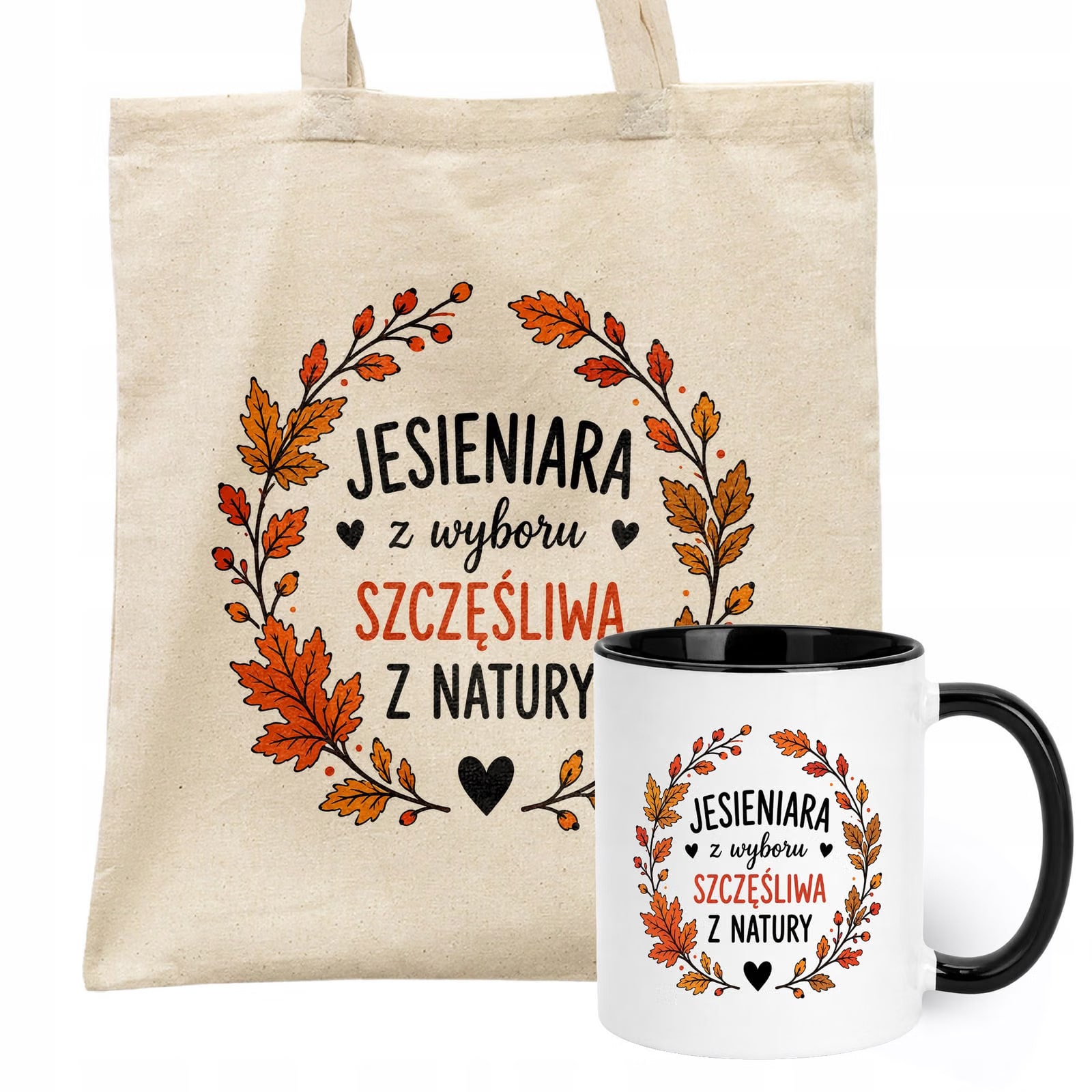 Zestaw Kubek Czarny Torba Shopper Ecru Z Nadrukiem Jesień Jesienny