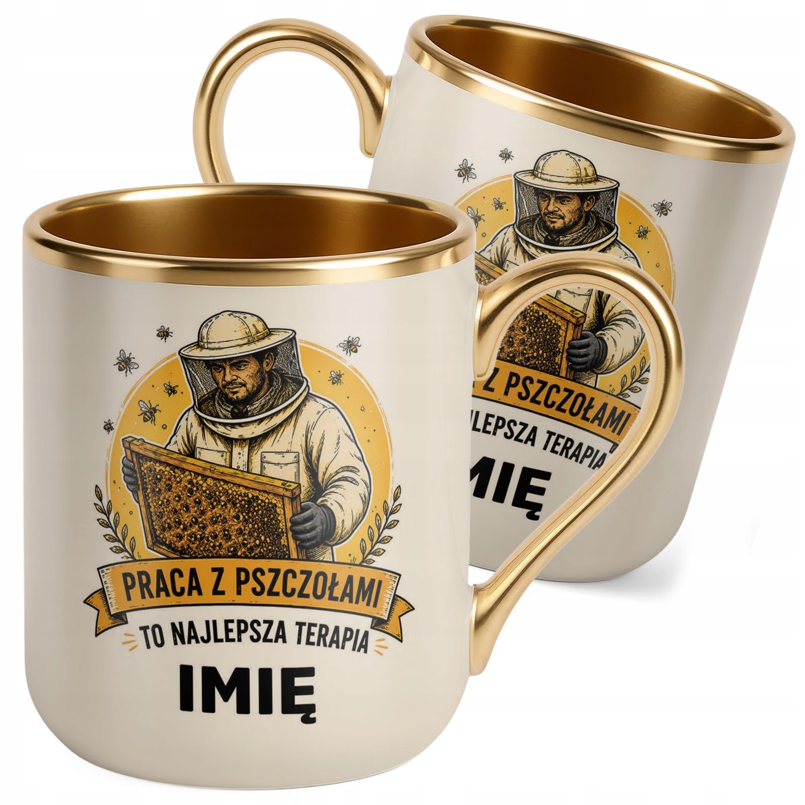 Kubek Personalizowany z nadrukiem Premium Złoty Ecru Dla Pszczelarza