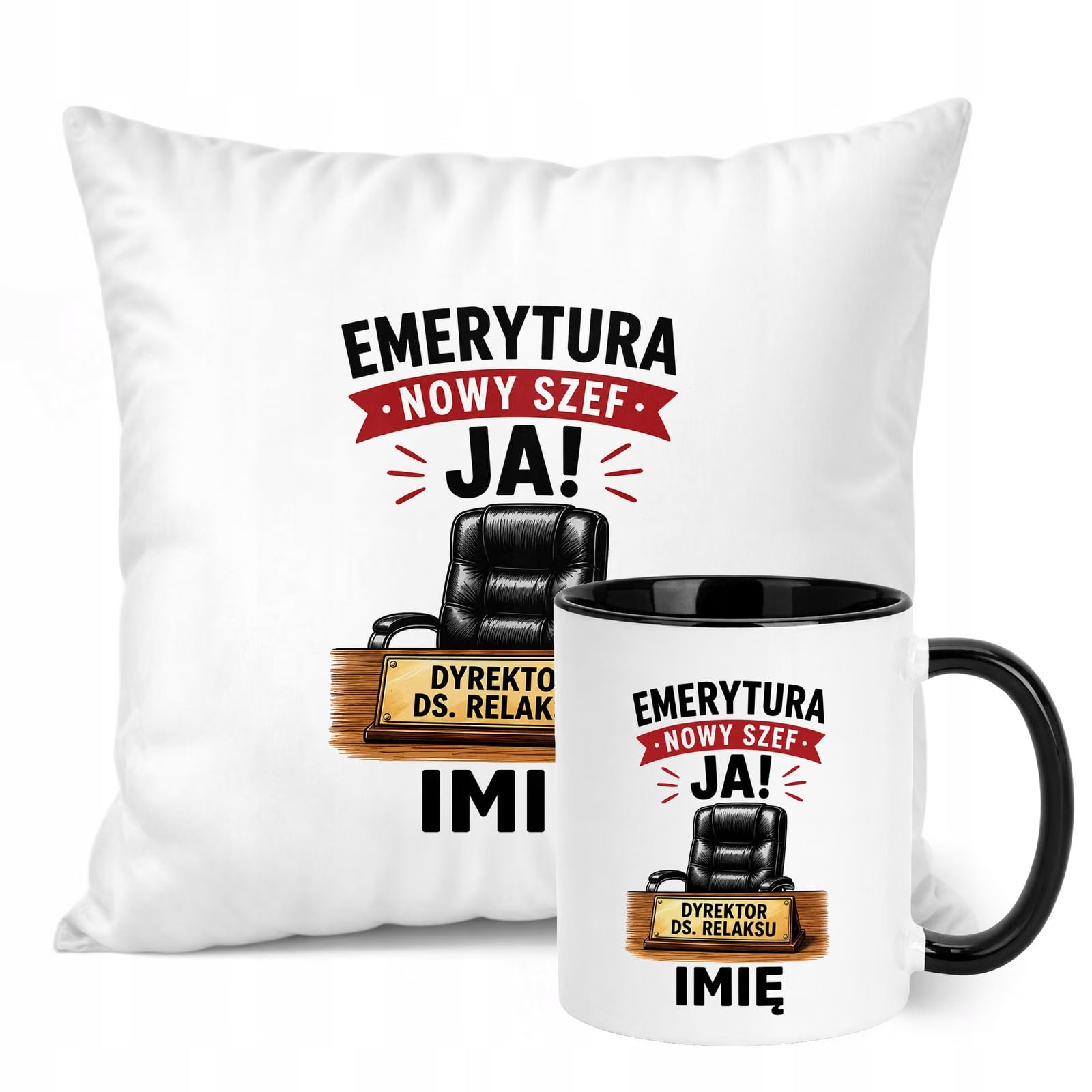 Zestaw Personalizowany Kubek Czarny Poduszka Emerytura Upominek Prezent