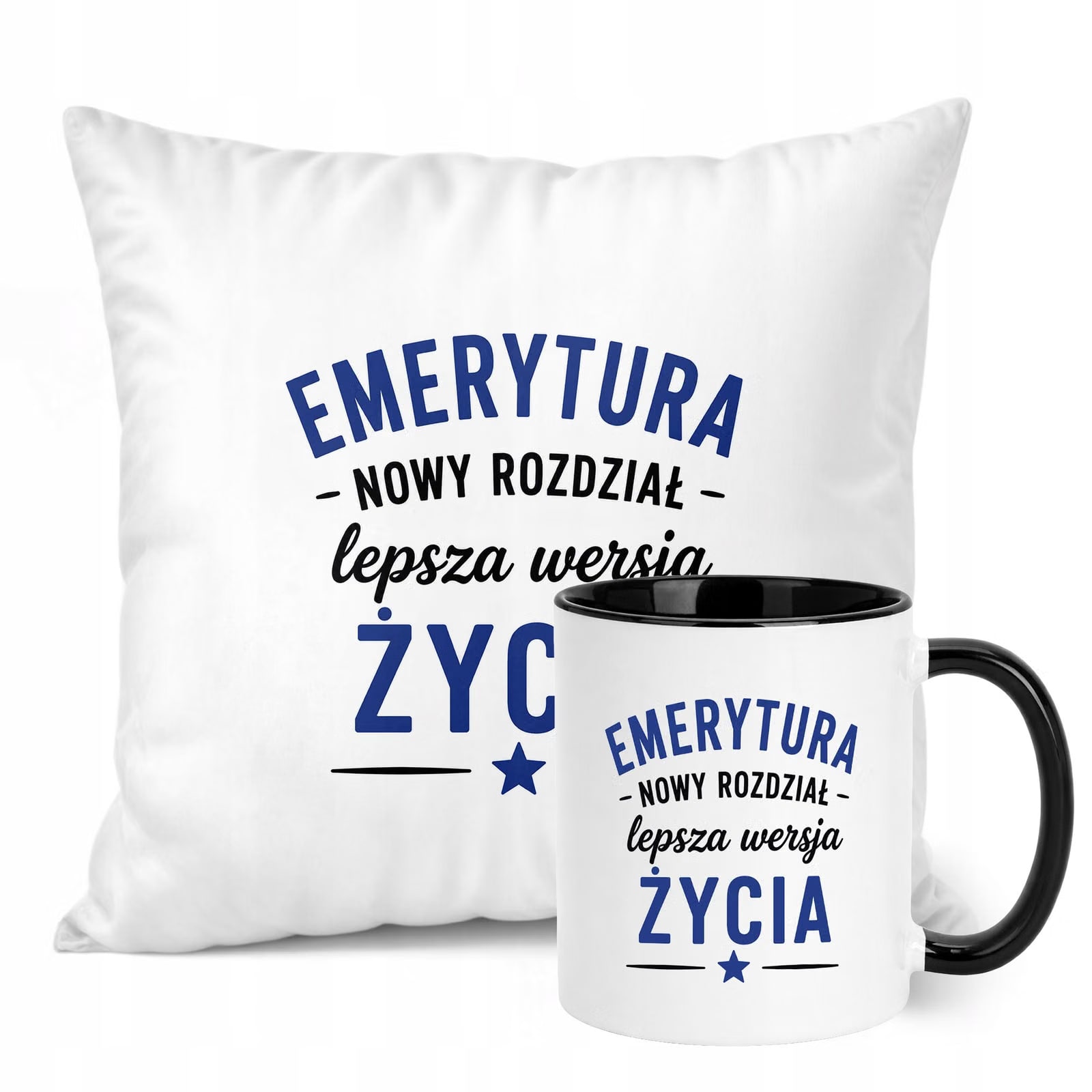 Zestaw Kubek Czarny Poduszka Z Nadrukiem Emerytura Dla Emeryta Prezent