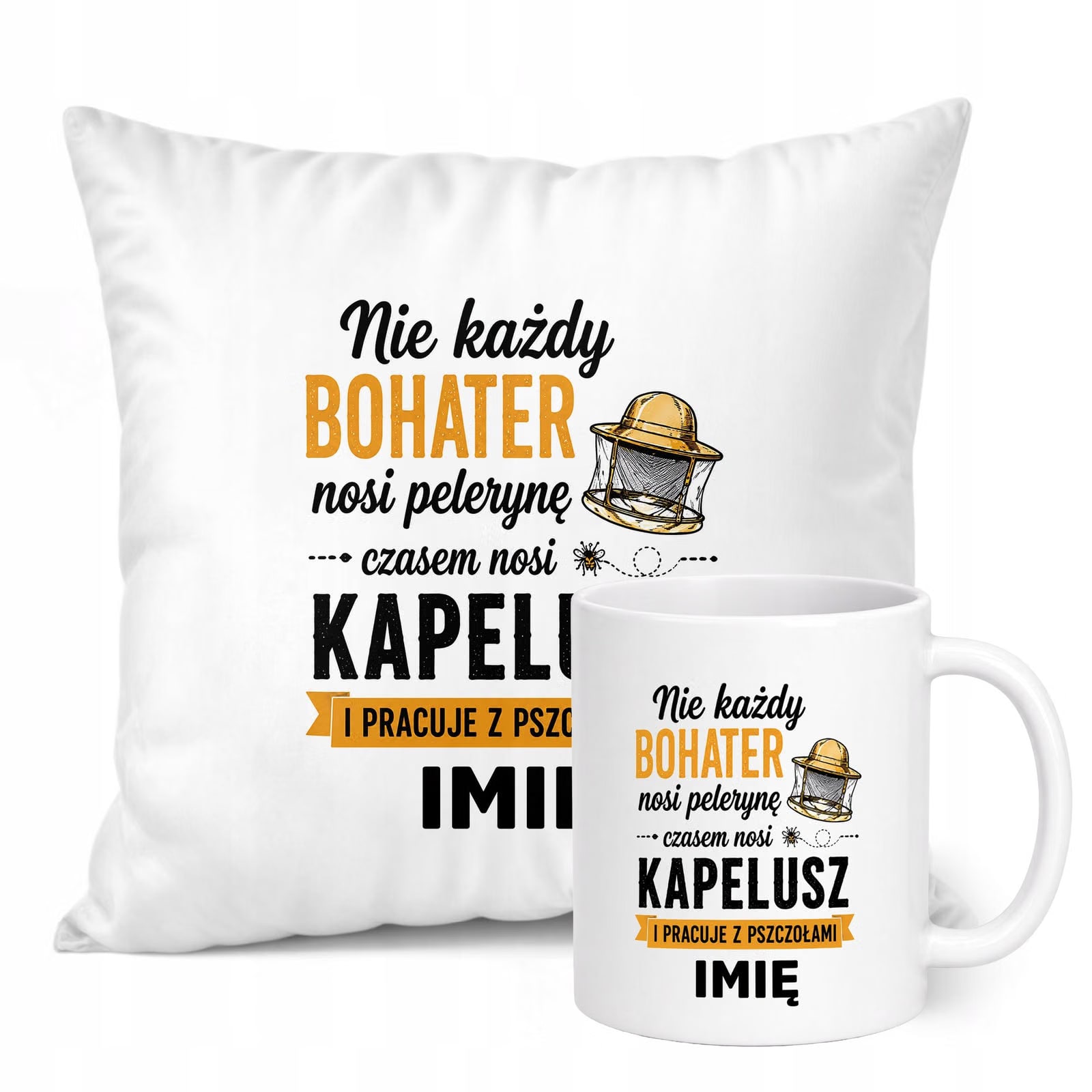 Zestaw Personalizowany Kubek Biały Poduszka Z Nadrukiem Dla Pszczelarza