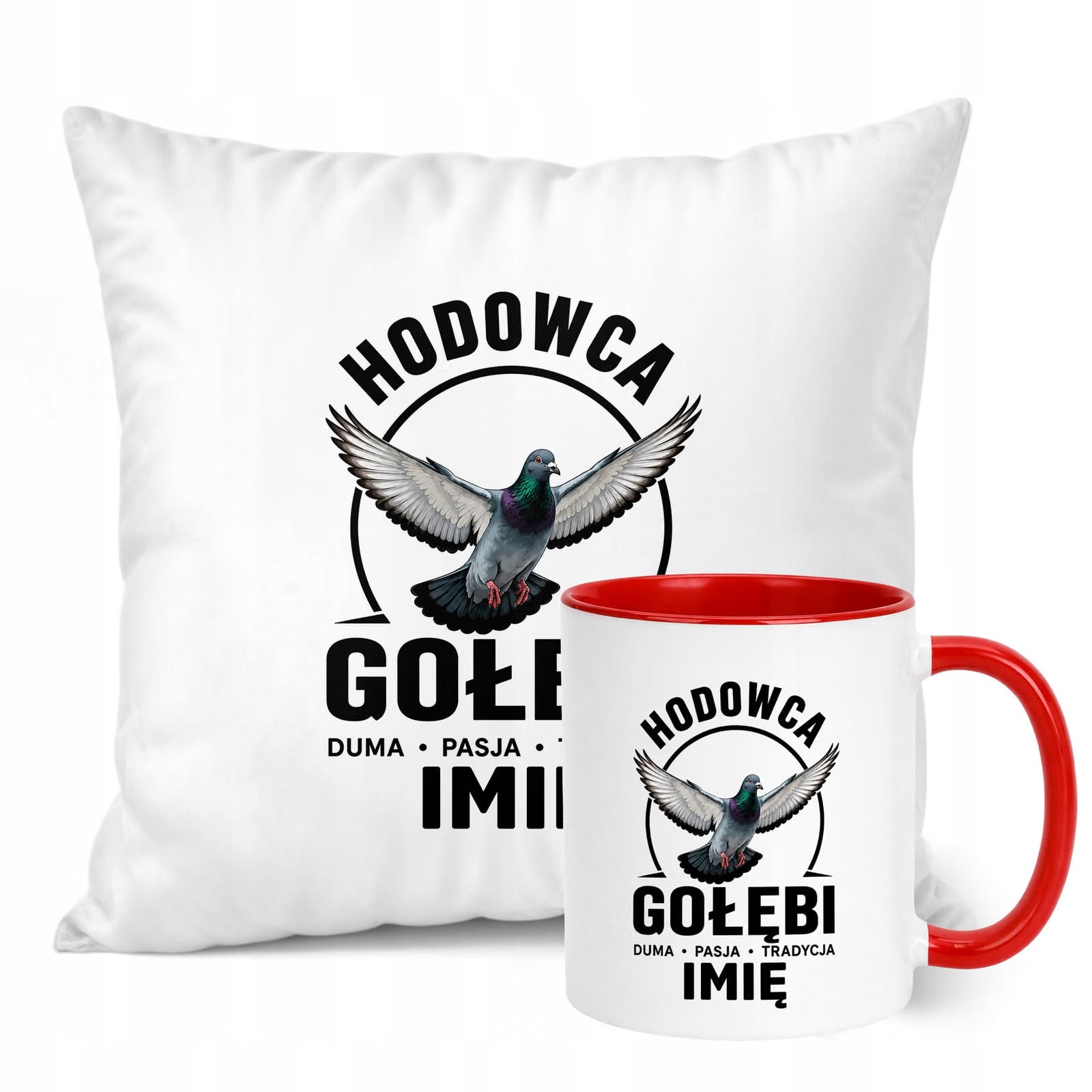 Zestaw Personalizowany Kubek Czerwony Poduszka Z Nadrukiem Dla Gołębiarza