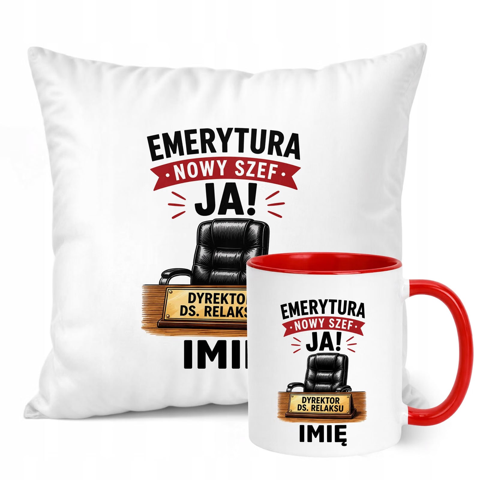 Zestaw Personalizowany Kubek Czerwony Poduszka Emerytura Upominek Prezent