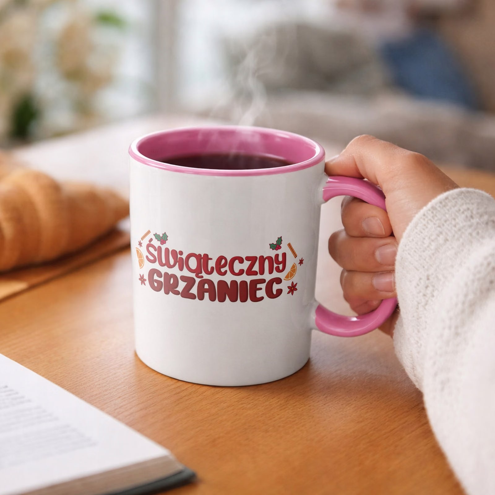 Kubek Różowy Boże Narodzenie Mikołajki Świąteczny Grzaniec Prezent