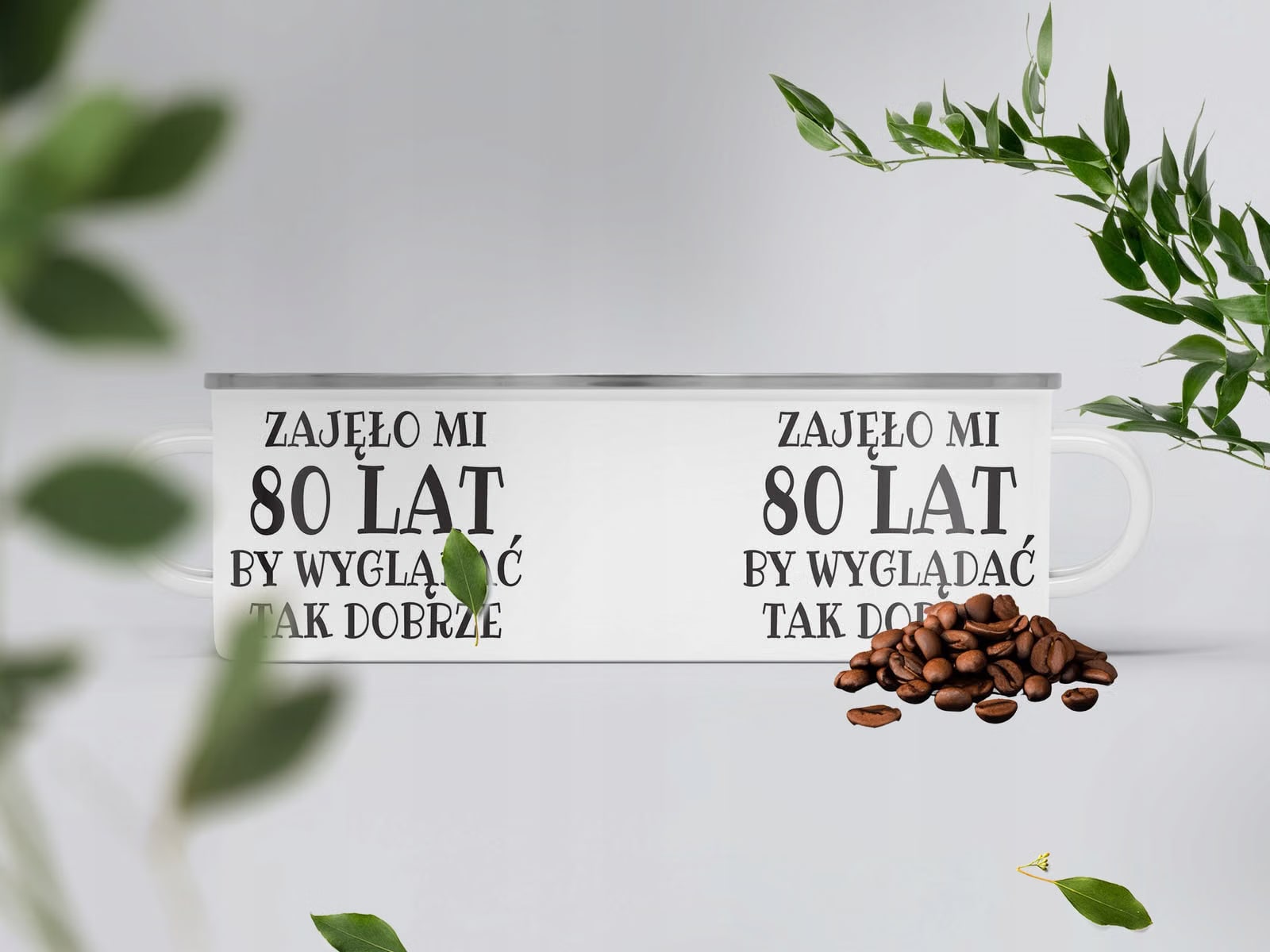 Kubek Emaliowany Zajęło Mi 80 Lat Urodziny z Nadrukiem Biały Metalowy