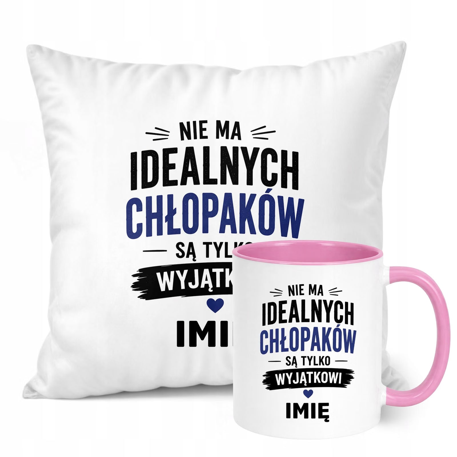 Zestaw Personalizowany Kubek Różowy Poduszka Dzień Chłopaka Z Nadrukiem