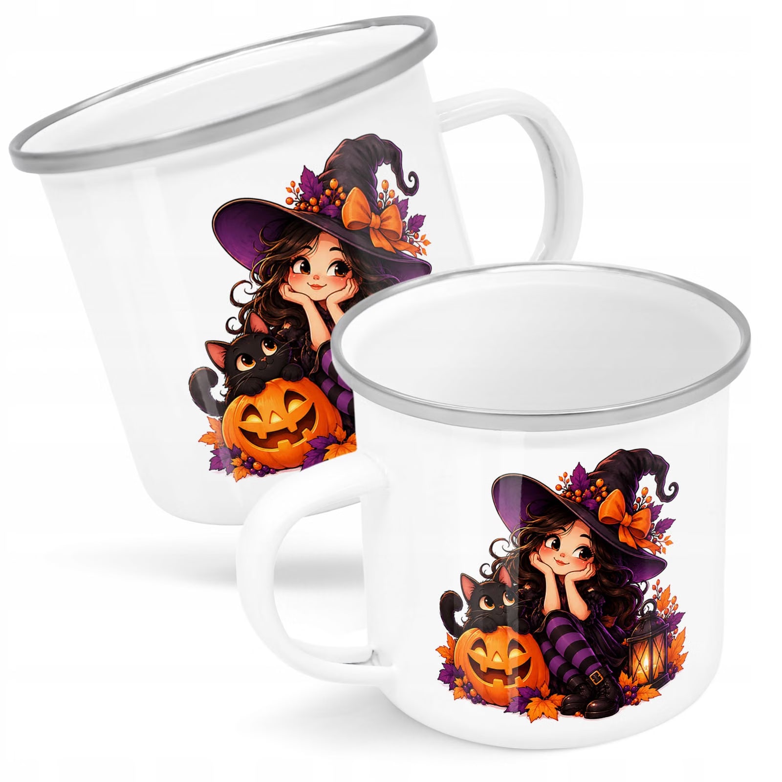 Kubek Emaliowany Halloween Czarownica Kot z Nadrukiem Biały Metalowy