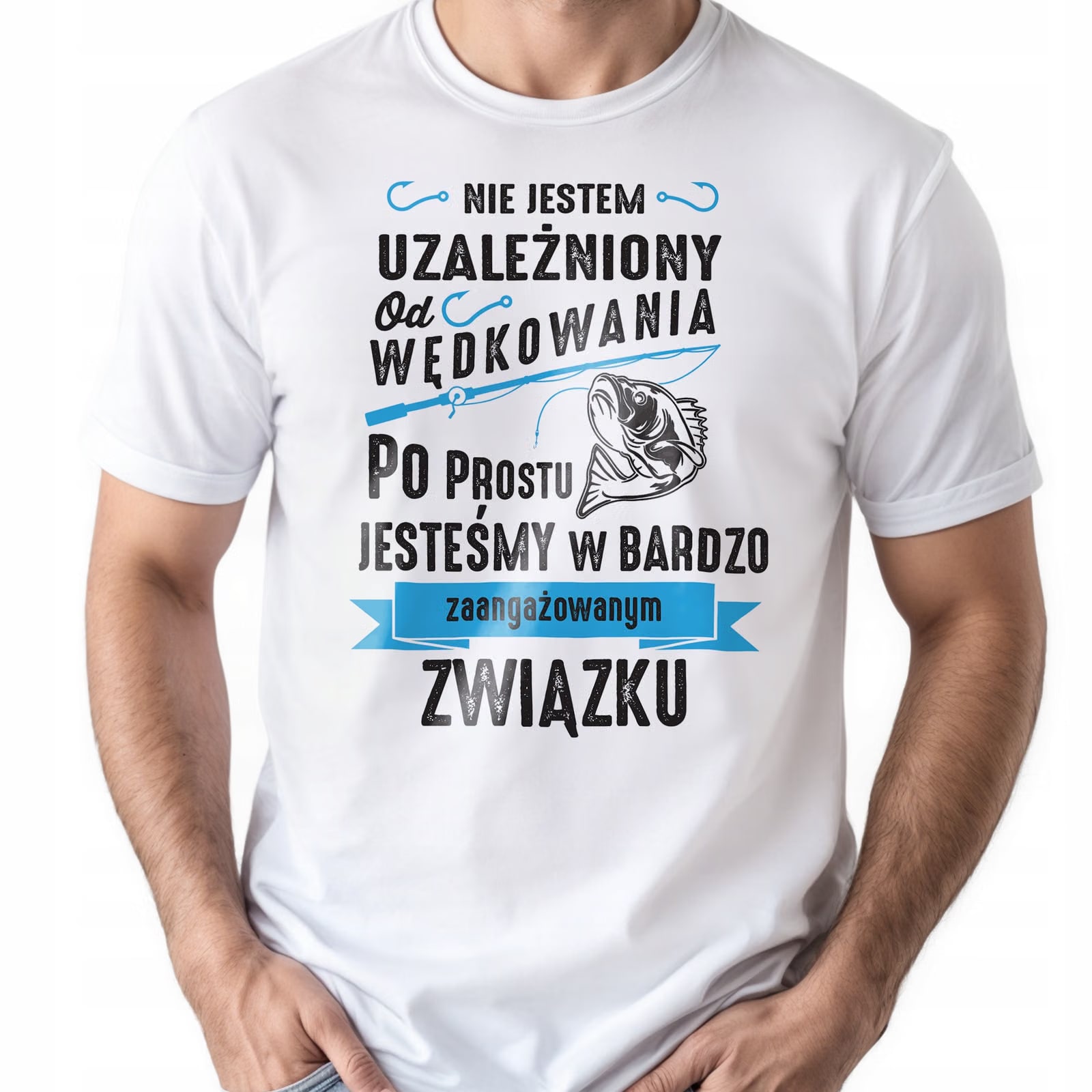 Koszulka biała męska Dla Wędkarza Wędkowanie Ryby Prezent r. 3XL