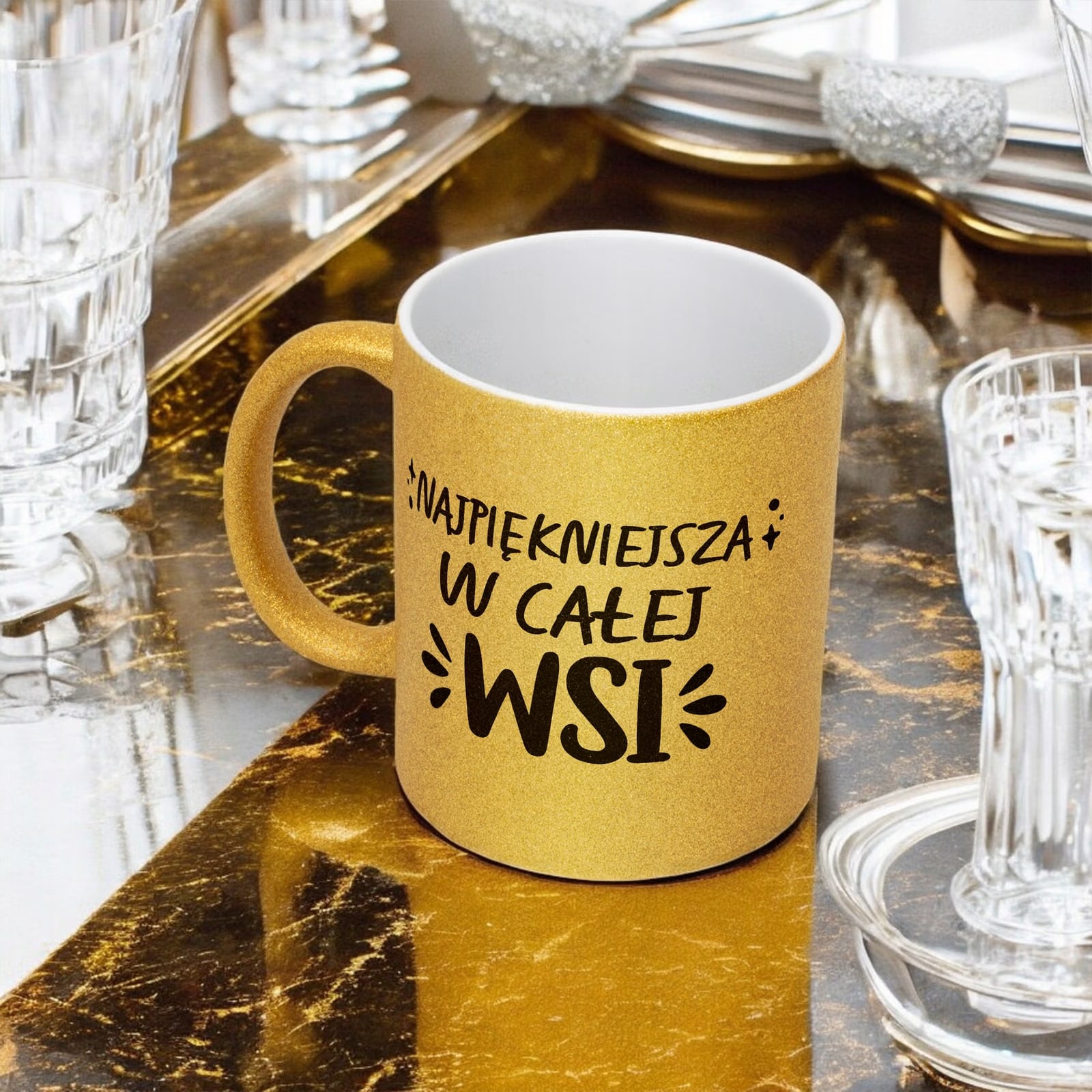 Złoty kubek brokatowy Dzień Kobiet Zabawny Prezent Upominek Dla Kobiety