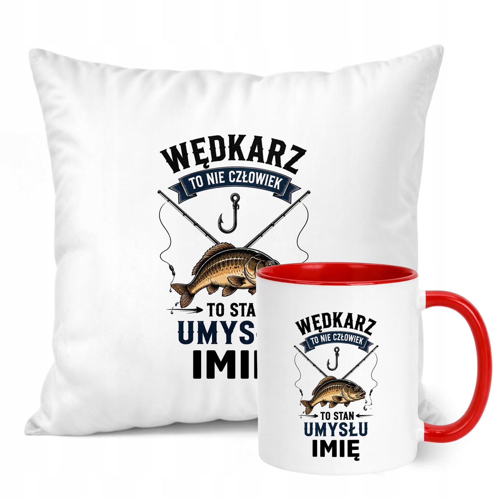 Zestaw Personalizowany Kubek Czerwony Poduszka Z Nadrukiem Dla Wędkarza
