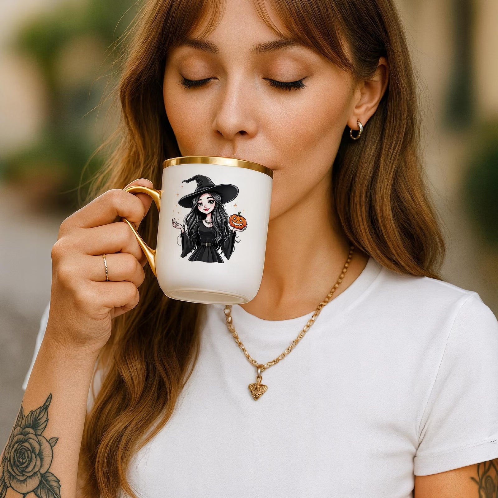 Kubek Premium Złoty Personalizowany Jesienny Piękna Wiedźma
