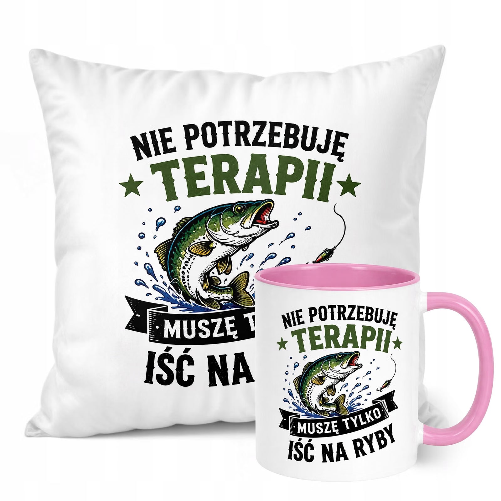Zestaw Kubek Różowy Poduszka Z Nadrukiem Dla Wędkarza Prezent