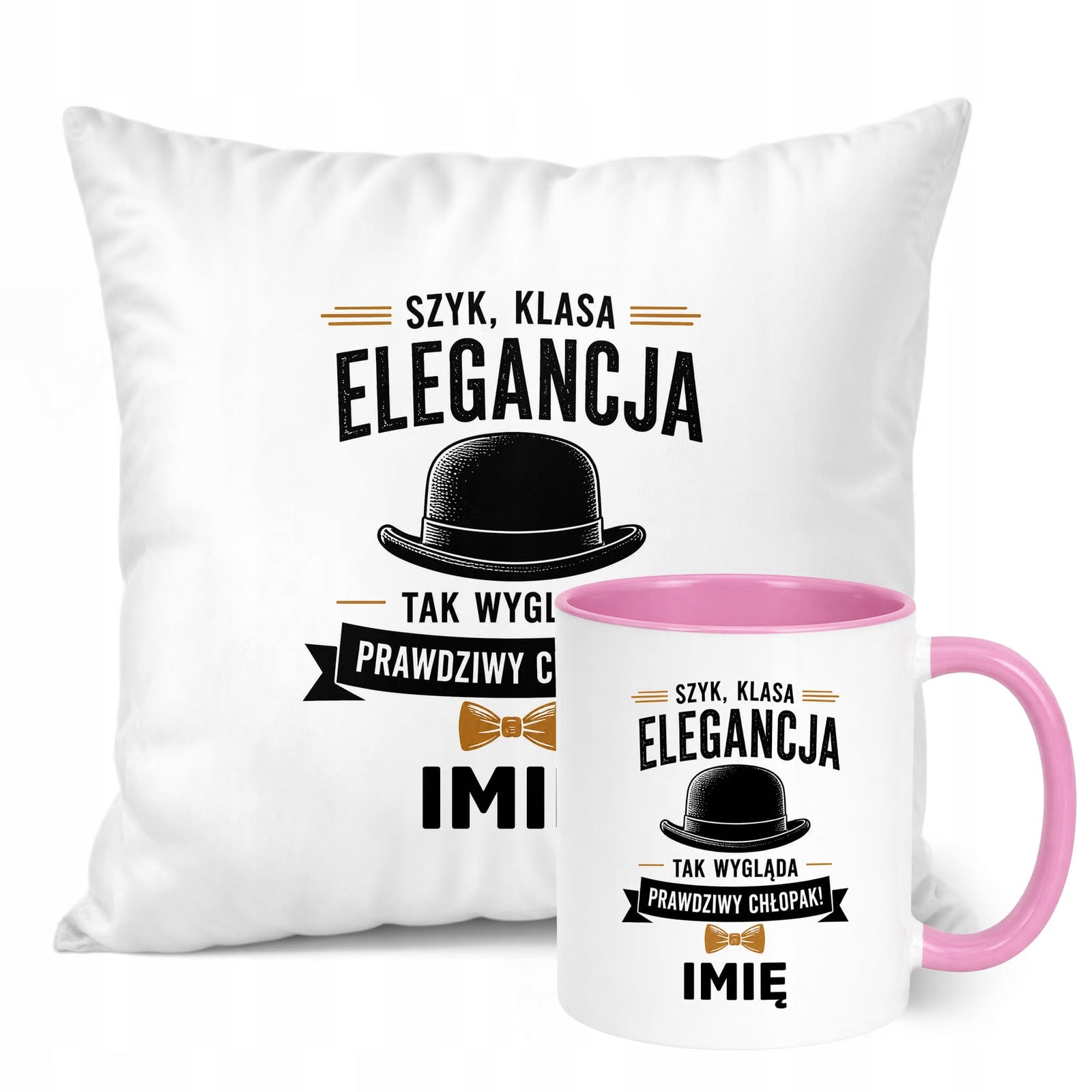 Zestaw Personalizowany Kubek Różowy Poduszka Dzień Chłopaka Z Nadrukiem