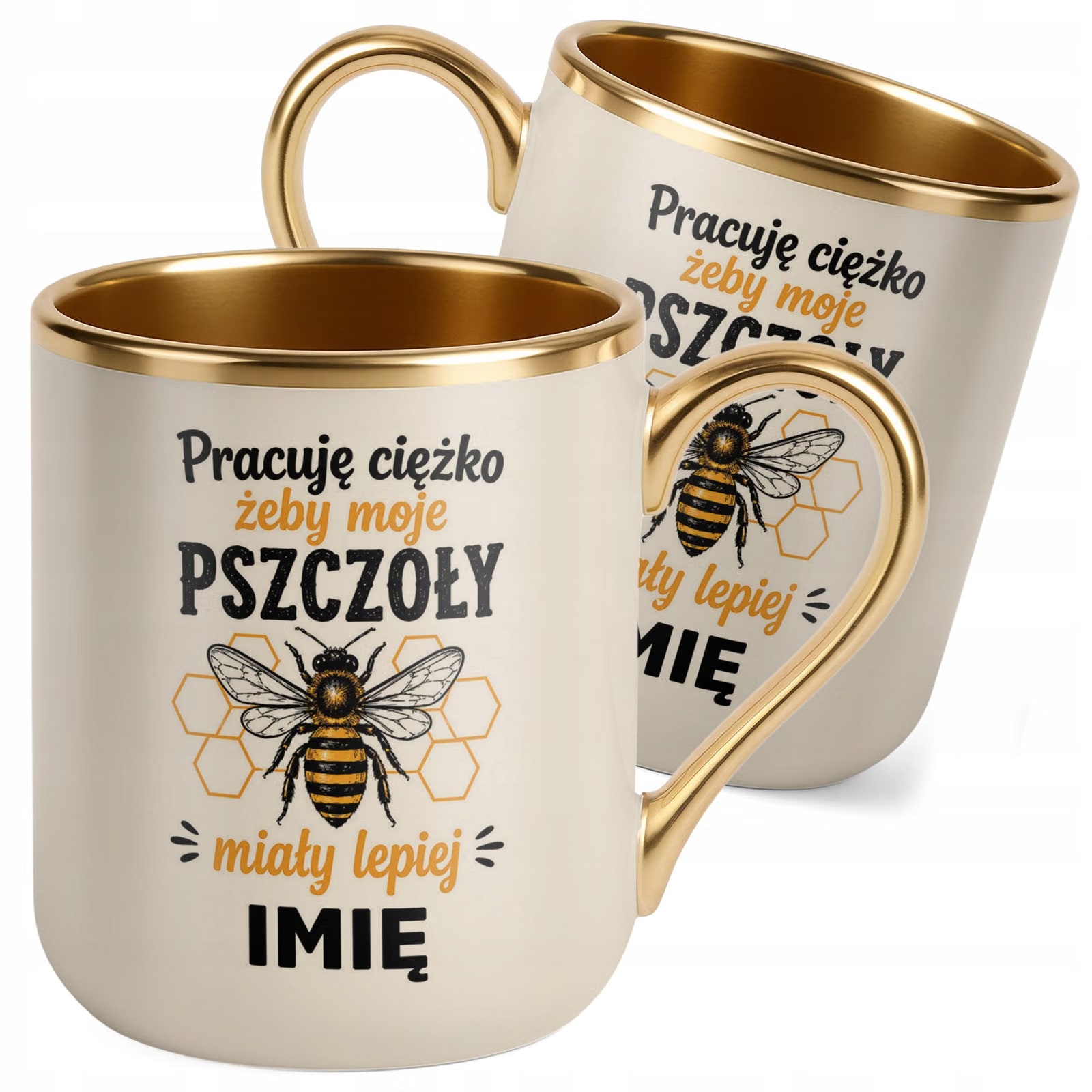 Kubek Personalizowany z nadrukiem Premium Złoty Ecru Dla Pszczelarza