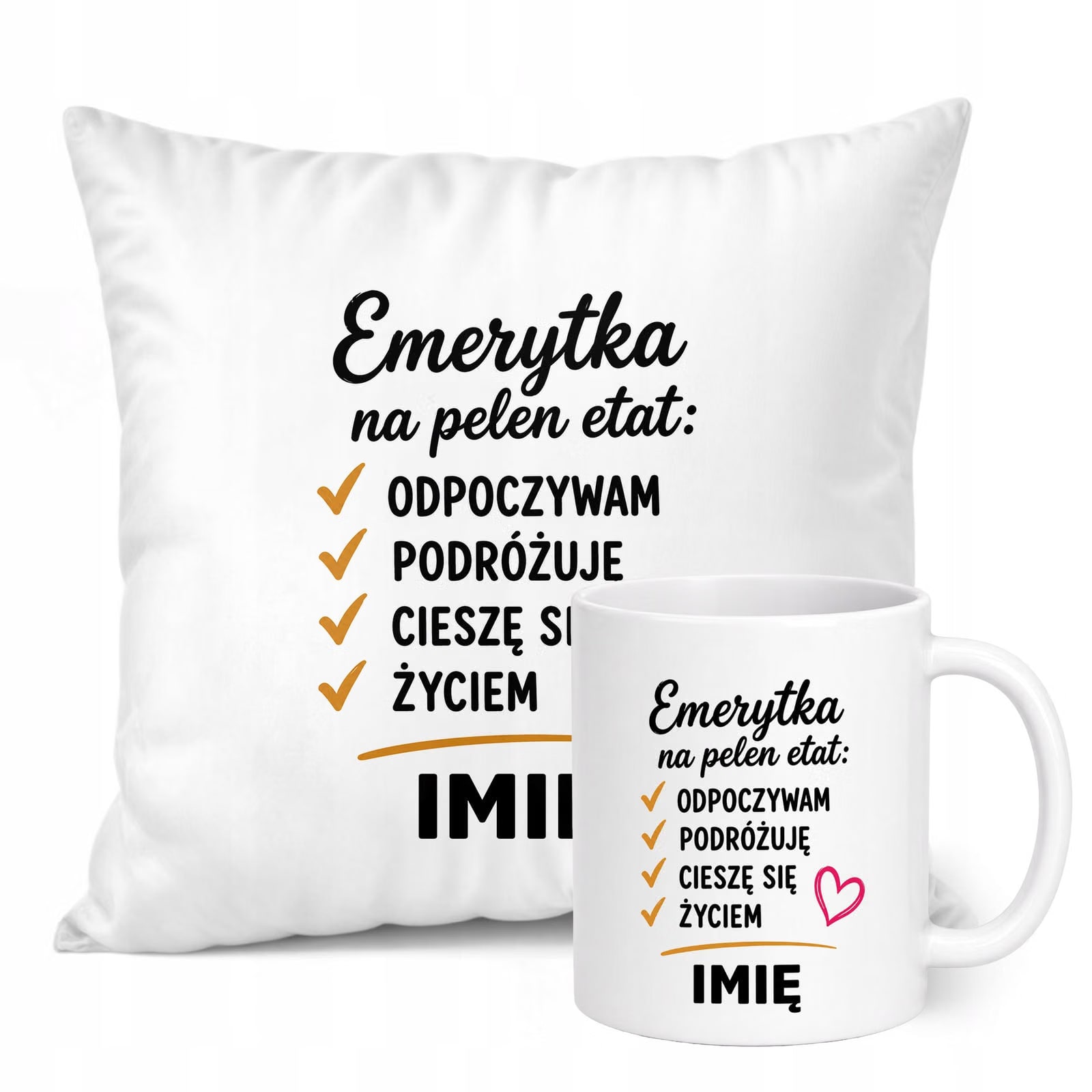 Zestaw Personalizowany Kubek Biały Poduszka Emerytura Dla Emerytki Prezent