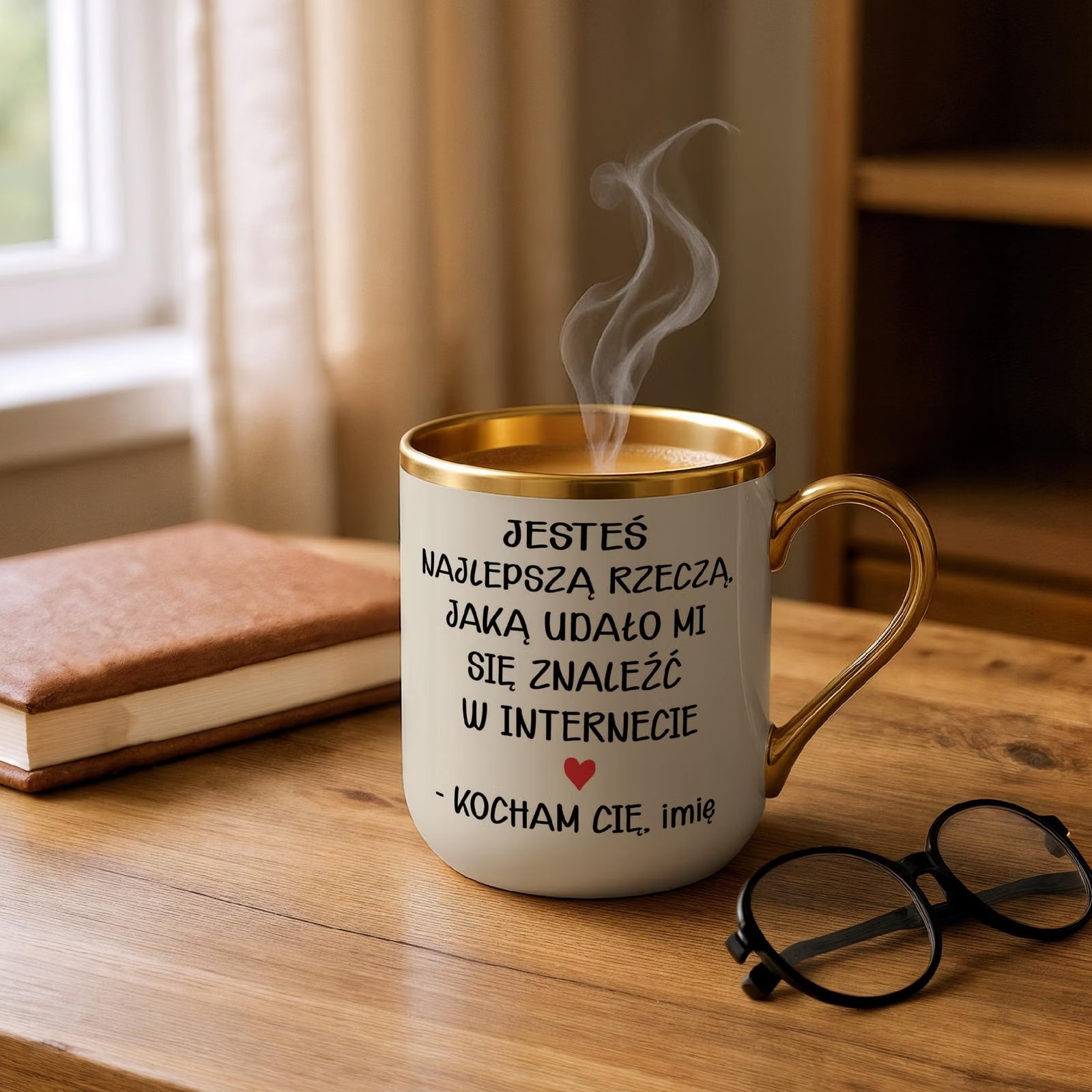 Kubek Premium Złoty Ecru Personalizowany Na Walentynki Kocham Cię