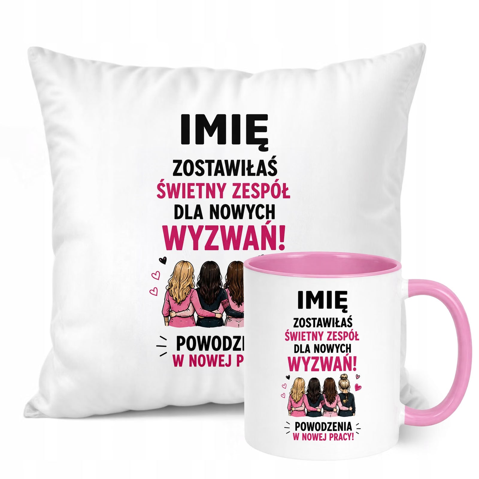 Zestaw Personalizowany Kubek Różowy Poduszka Odejście z Pracy Prezent
