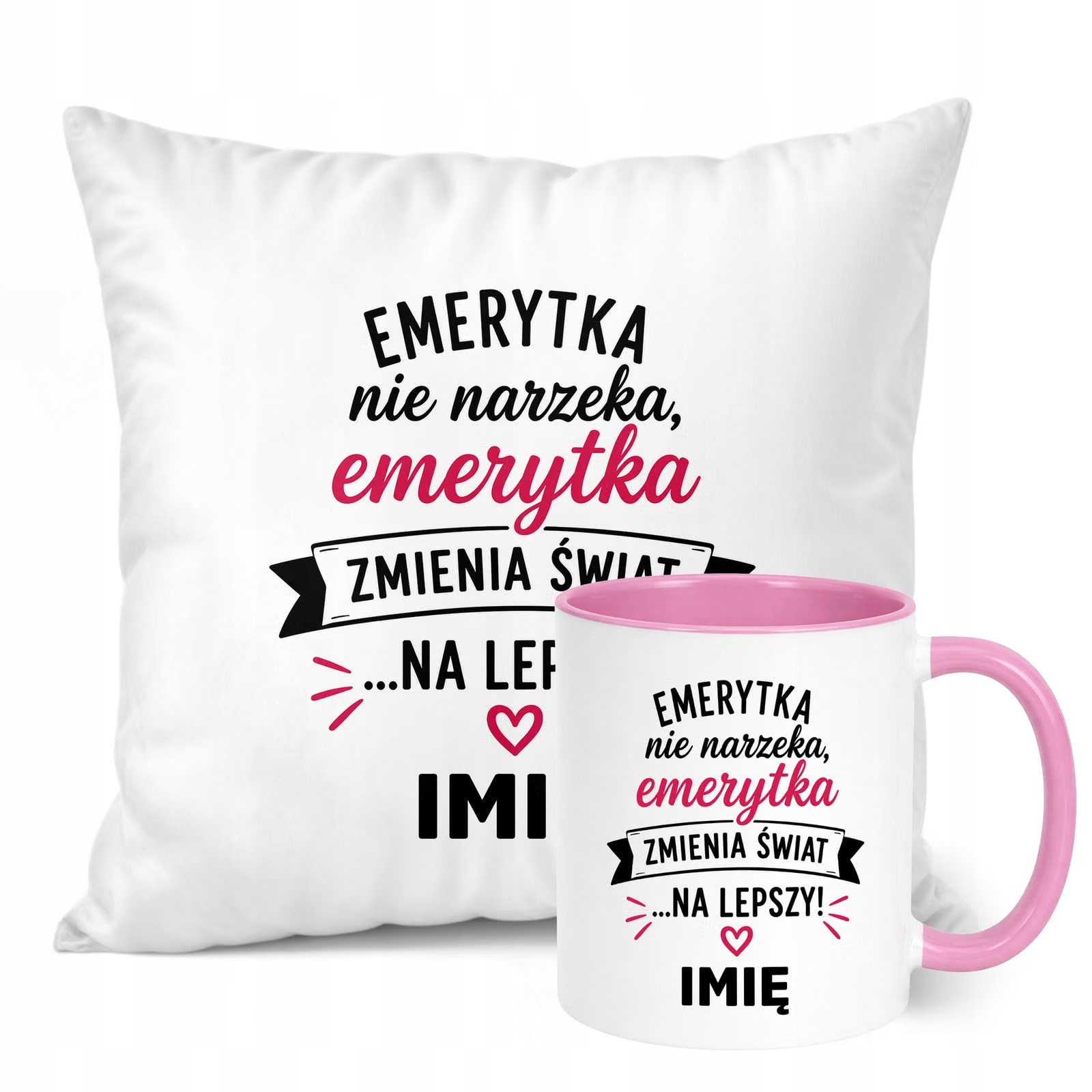 Zestaw Personalizowany Kubek Różowy Poduszka Emerytura Upominek Prezent