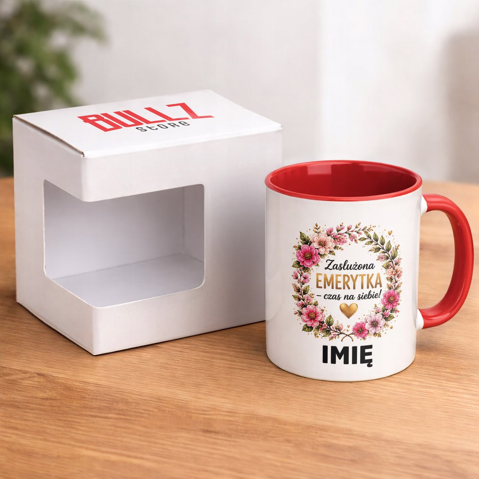 Kubek Czerwony Personalizowany z Nadrukiem Emerytura Dla Emerytki Prezent